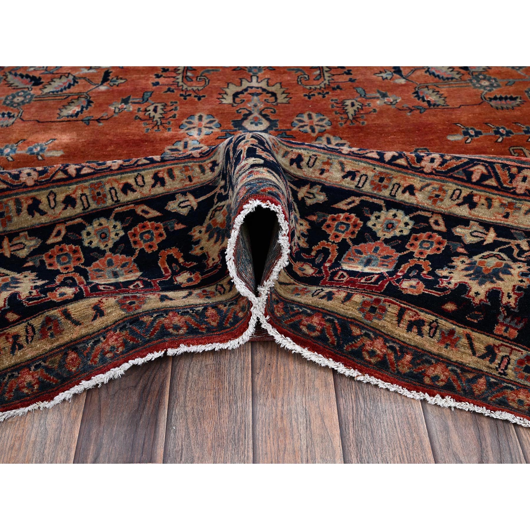 8'7"x12'3" Copper Red, Antique Persian Sarouk, Full Pile and Soft, Shabby Chic, Sides and Ends Professionally Secured, Hand Knotted, 100% Wool, Oriental Rug Sh1368