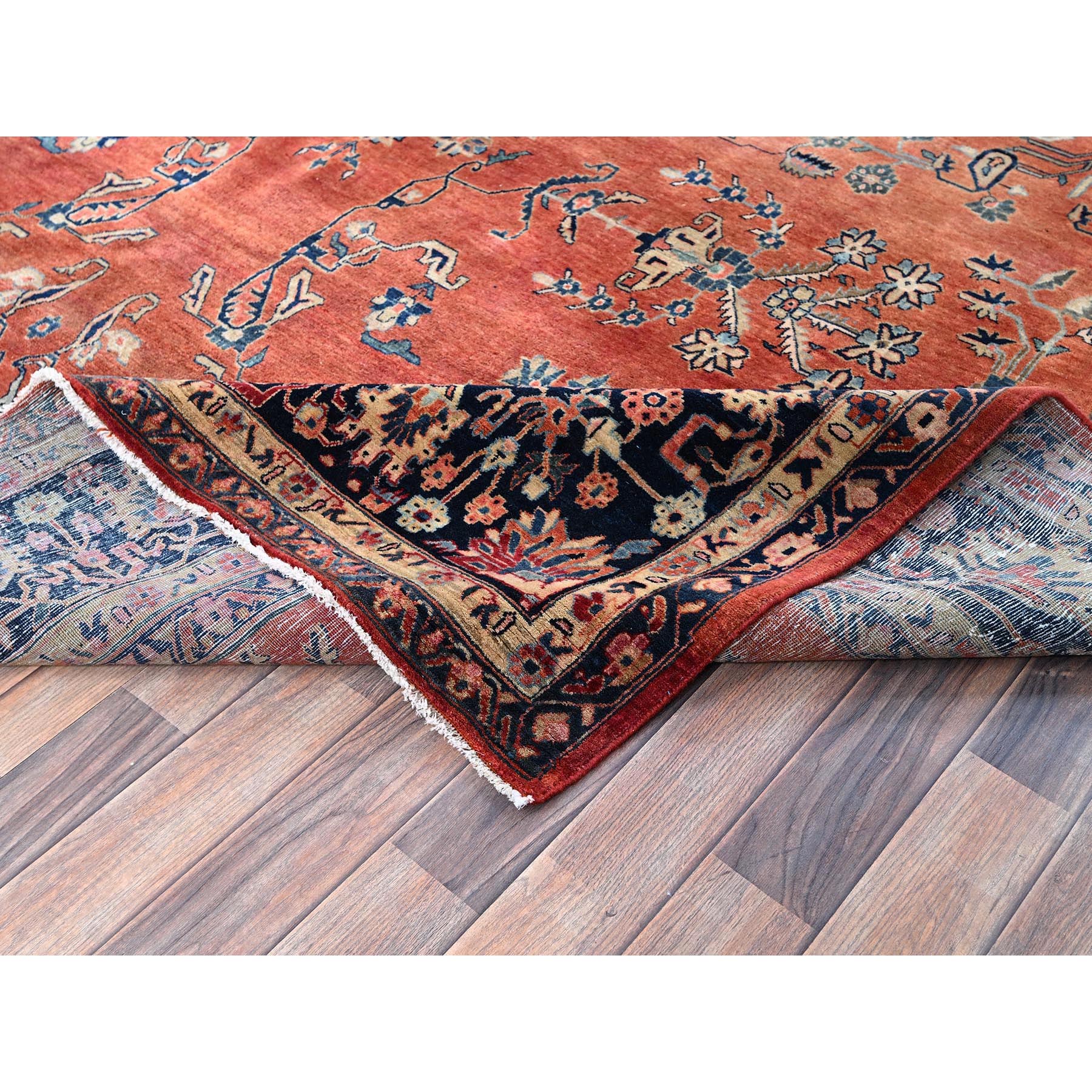 8'7"x12'3" Copper Red, Antique Persian Sarouk, Full Pile and Soft, Shabby Chic, Sides and Ends Professionally Secured, Hand Knotted, 100% Wool, Oriental Rug Sh1368