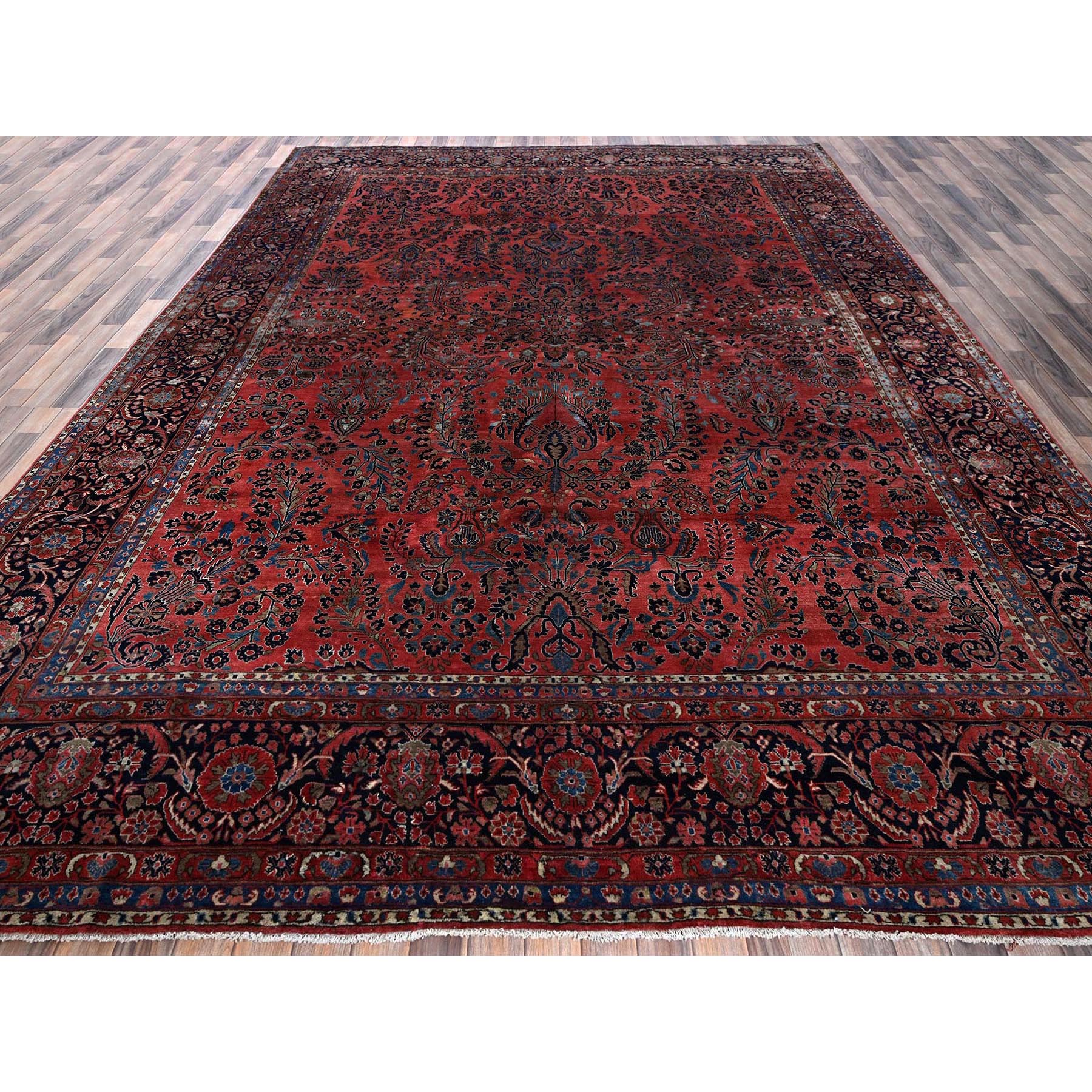 10'3"x13'9" Blush Red, Antique Persian Sarouk, Full Pile and Soft, Sides and Ends Professionally Secured, Hand Knotted, 100% Wool, Oriental Rug Sh1369
