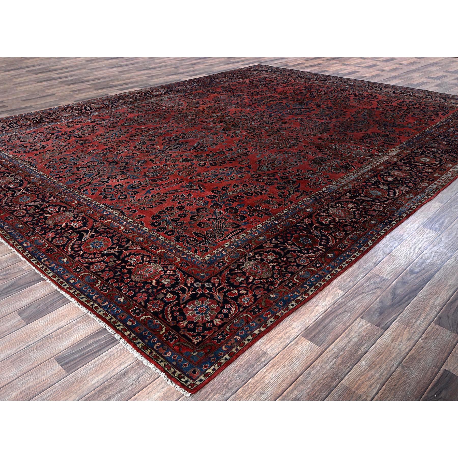 10'3"x13'9" Blush Red, Antique Persian Sarouk, Full Pile and Soft, Sides and Ends Professionally Secured, Hand Knotted, 100% Wool, Oriental Rug Sh1369