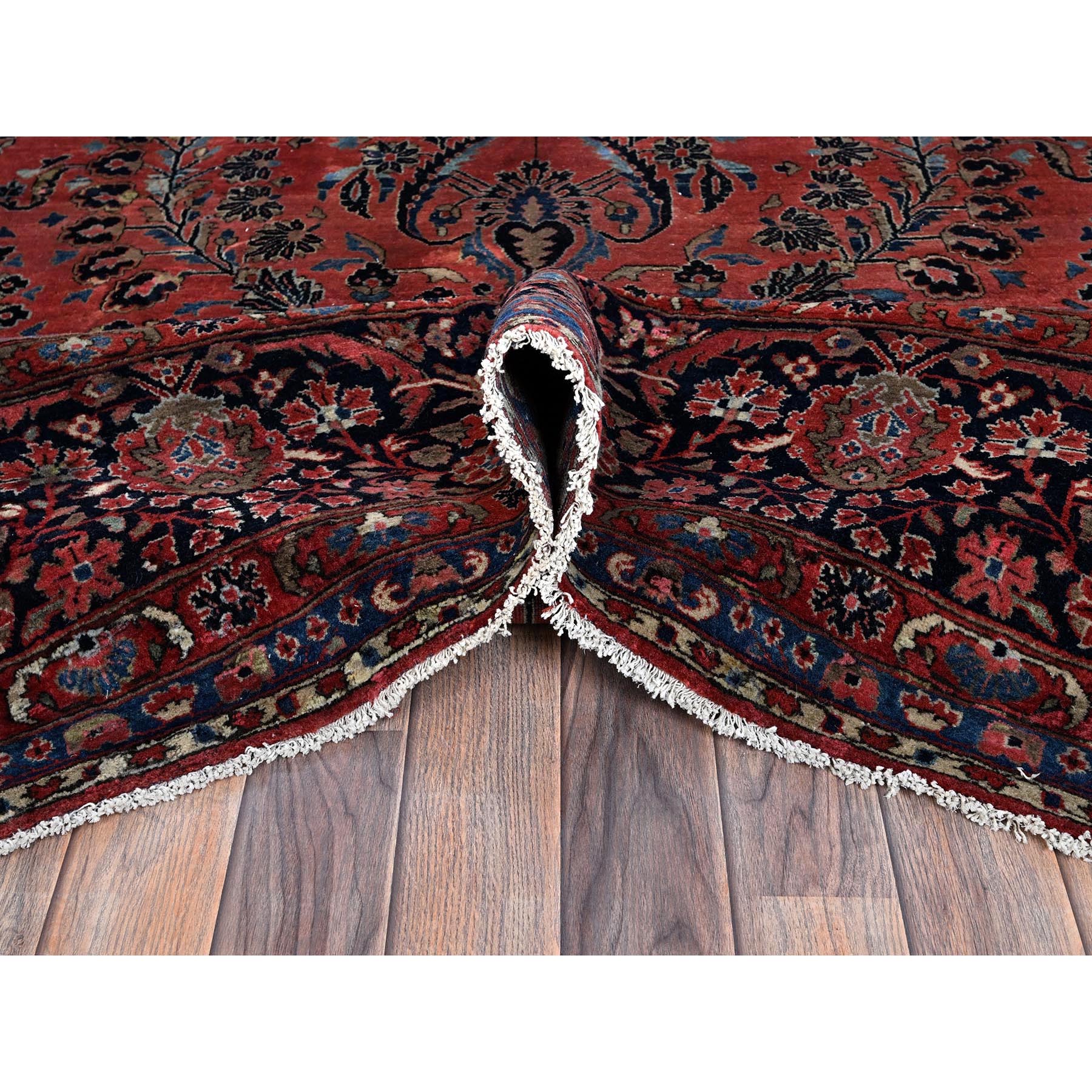 10'3"x13'9" Blush Red, Antique Persian Sarouk, Full Pile and Soft, Sides and Ends Professionally Secured, Hand Knotted, 100% Wool, Oriental Rug Sh1369