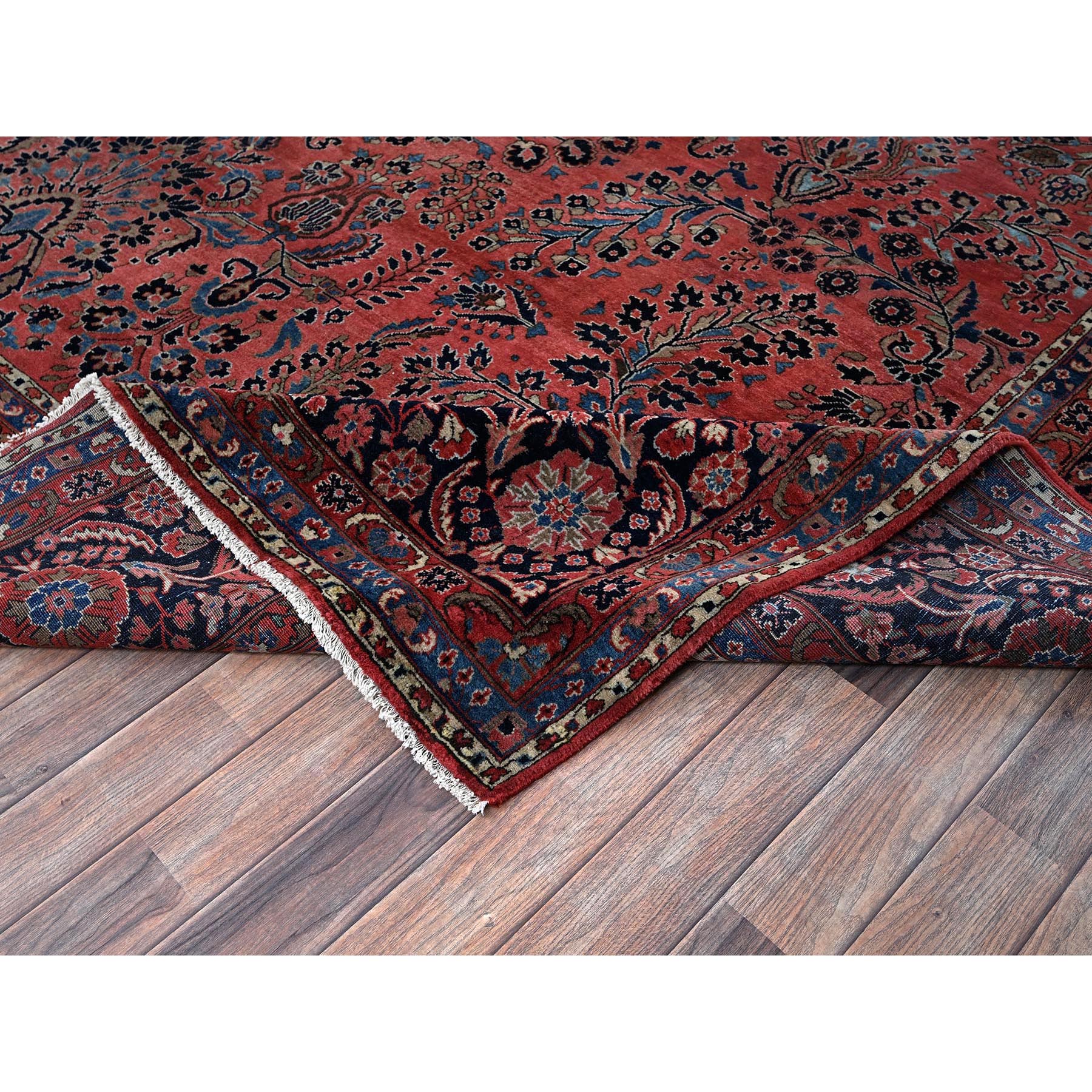 10'3"x13'9" Blush Red, Antique Persian Sarouk, Full Pile and Soft, Sides and Ends Professionally Secured, Hand Knotted, 100% Wool, Oriental Rug Sh1369