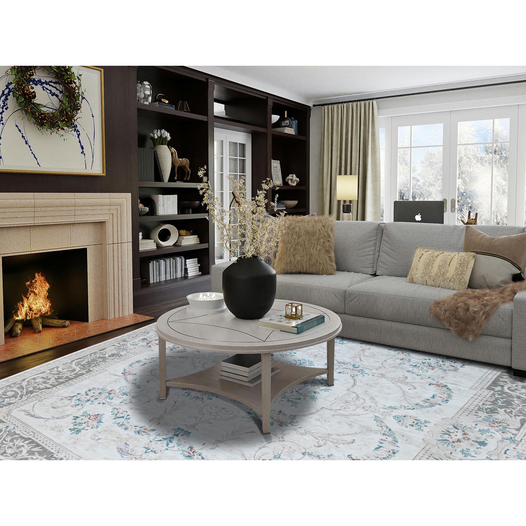 9'x11'9" Daisy White, Washed Out, Aubusson Design, Pak Persian, 300 KPSI, 100% Wool, Hand Knotted, Oriental Rug Sh1370