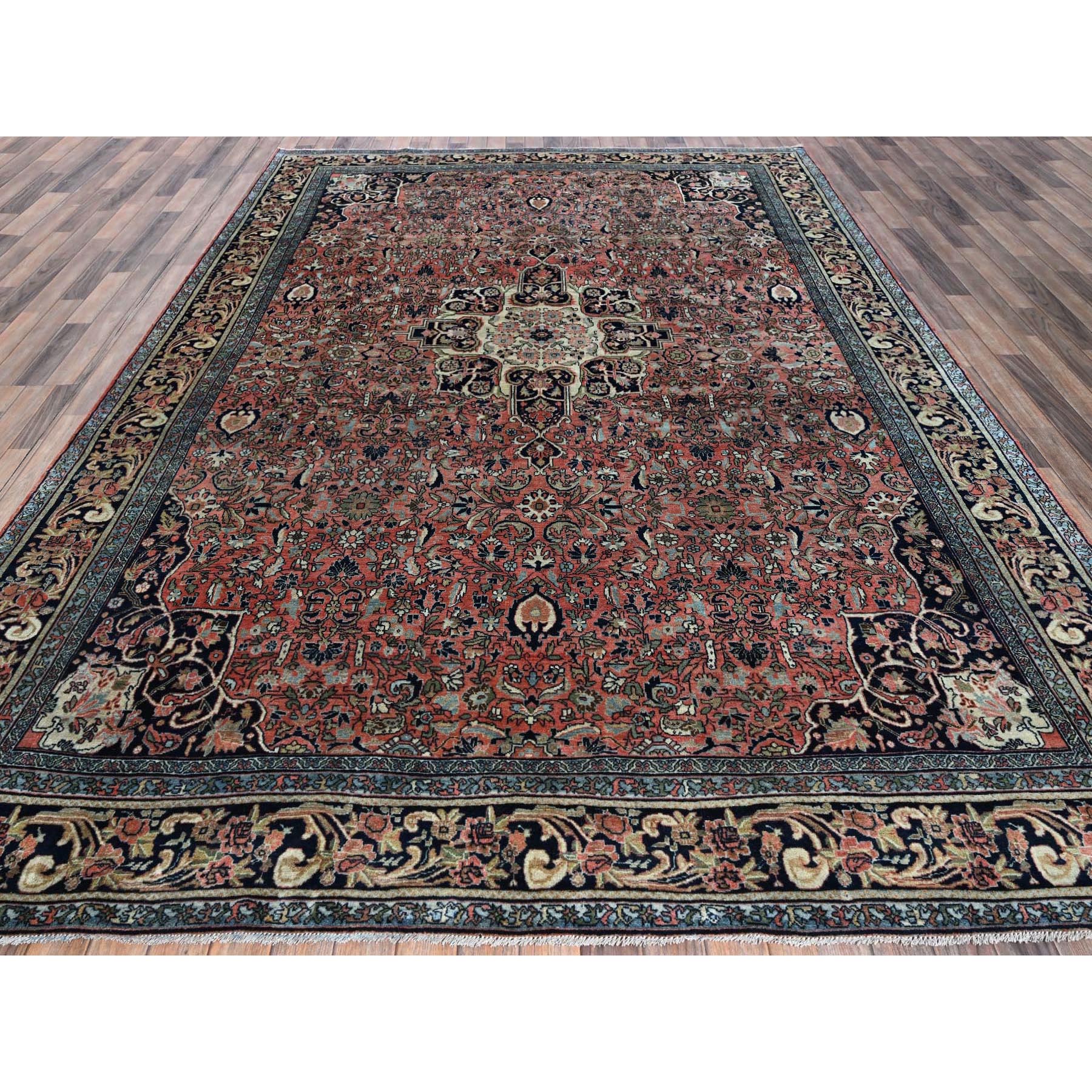 8'7"x11'10" Blush Red, Antique Persian Bijar, Full Pile and Soft, Shabby Chic, Sides and Ends Professionally Secured, Hand Knotted, 100% Wool, Oriental Rug Sh1372