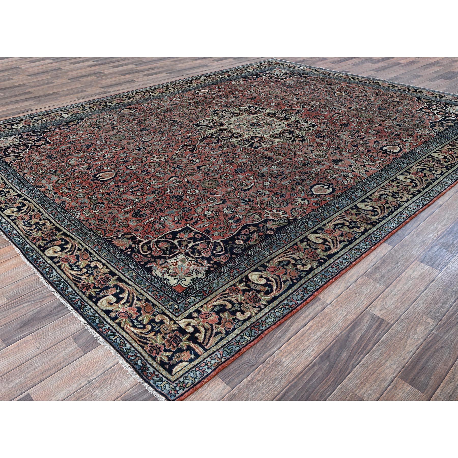 8'7"x11'10" Blush Red, Antique Persian Bijar, Full Pile and Soft, Shabby Chic, Sides and Ends Professionally Secured, Hand Knotted, 100% Wool, Oriental Rug Sh1372
