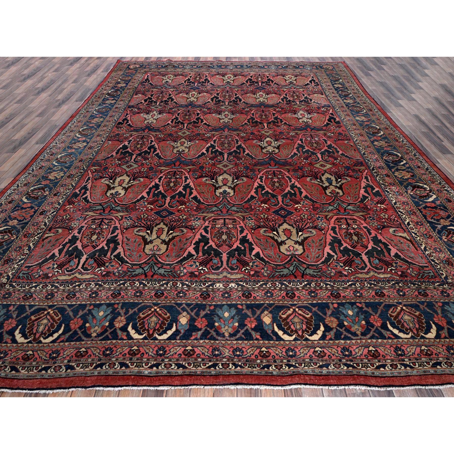 11'3"x14'5" Crimson Red, Antique Persian Bijar Garus, Even Wear, Clean, Sides and Ends Professionally Secured, Hand Knotted, 100% Wool, Oversized, Oriental Rug Sh1373