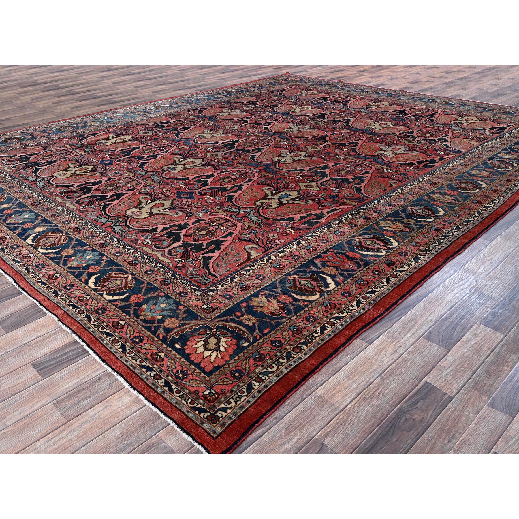 11'3"x14'5" Crimson Red, Antique Persian Bijar Garus, Even Wear, Clean, Sides and Ends Professionally Secured, Hand Knotted, 100% Wool, Oversized, Oriental Rug Sh1373