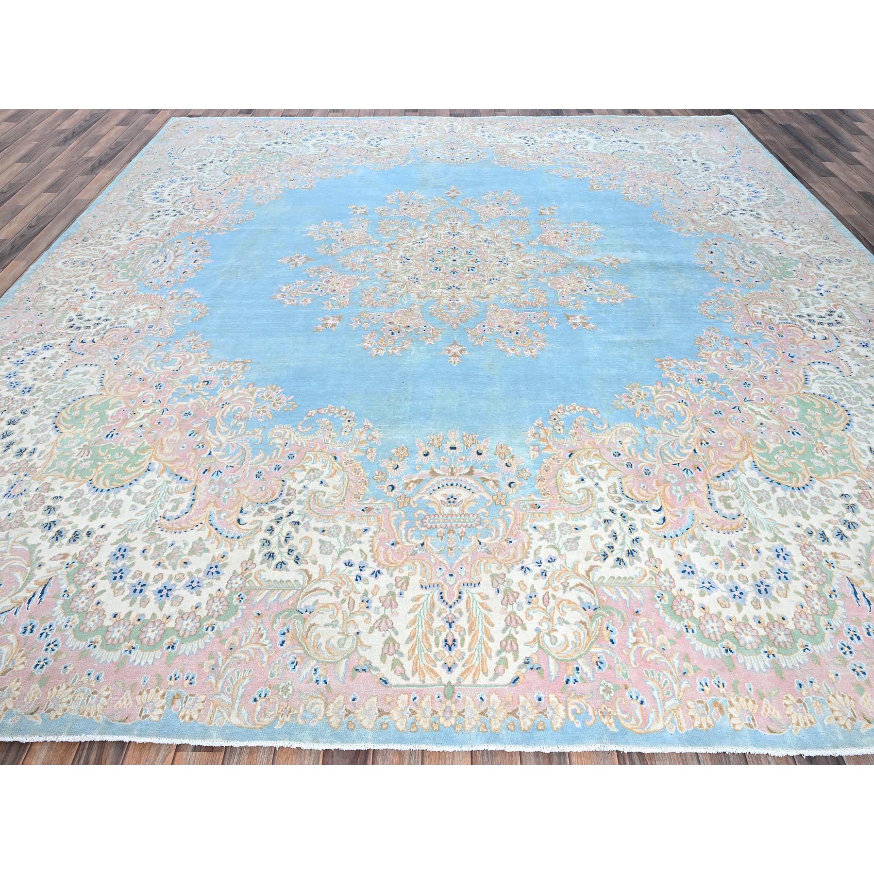 12'x12' Baby Blue, Antique Persian Kerman, Even Wear, Clean and Soft, Sides and Ends Professionally Secured, Hand Knotted, 100% Wool, Square, Oriental Rug Sh1374
