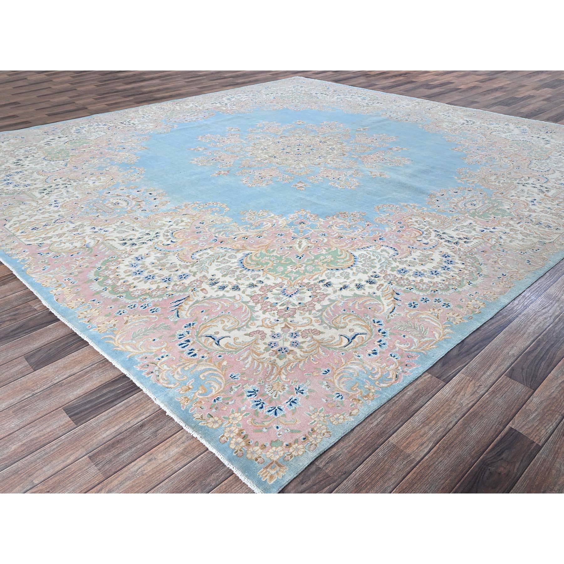 12'x12' Baby Blue, Antique Persian Kerman, Even Wear, Clean and Soft, Sides and Ends Professionally Secured, Hand Knotted, 100% Wool, Square, Oriental Rug Sh1374