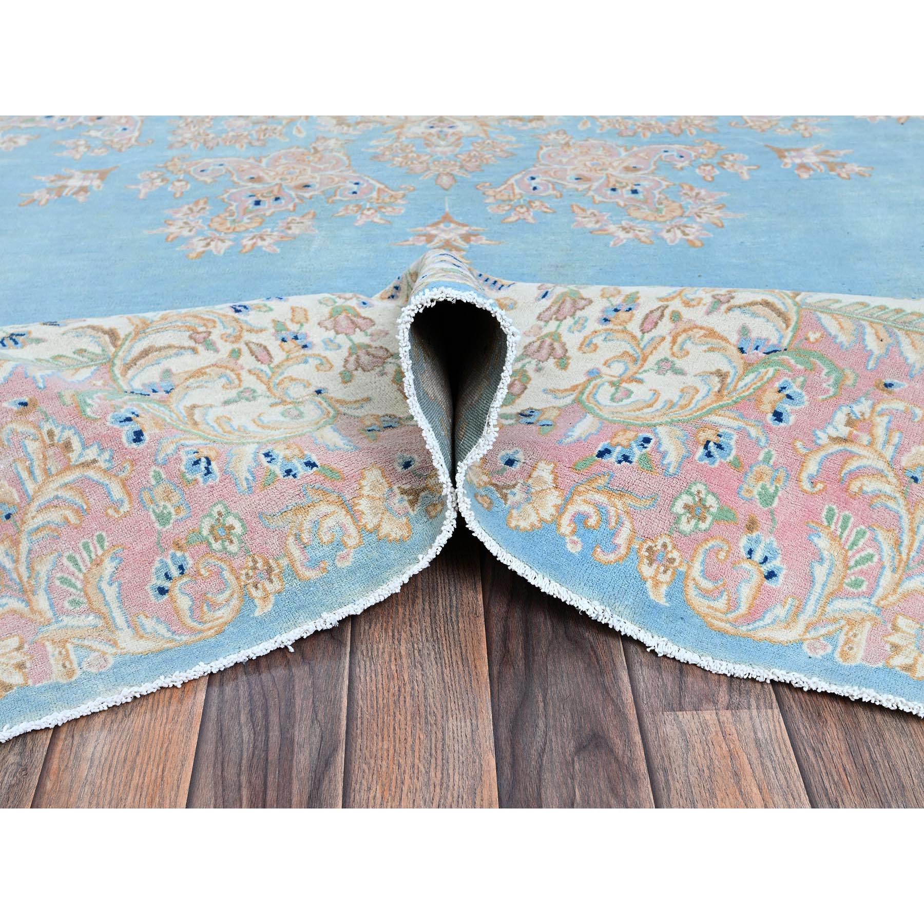 12'x12' Baby Blue, Antique Persian Kerman, Even Wear, Clean and Soft, Sides and Ends Professionally Secured, Hand Knotted, 100% Wool, Square, Oriental Rug Sh1374