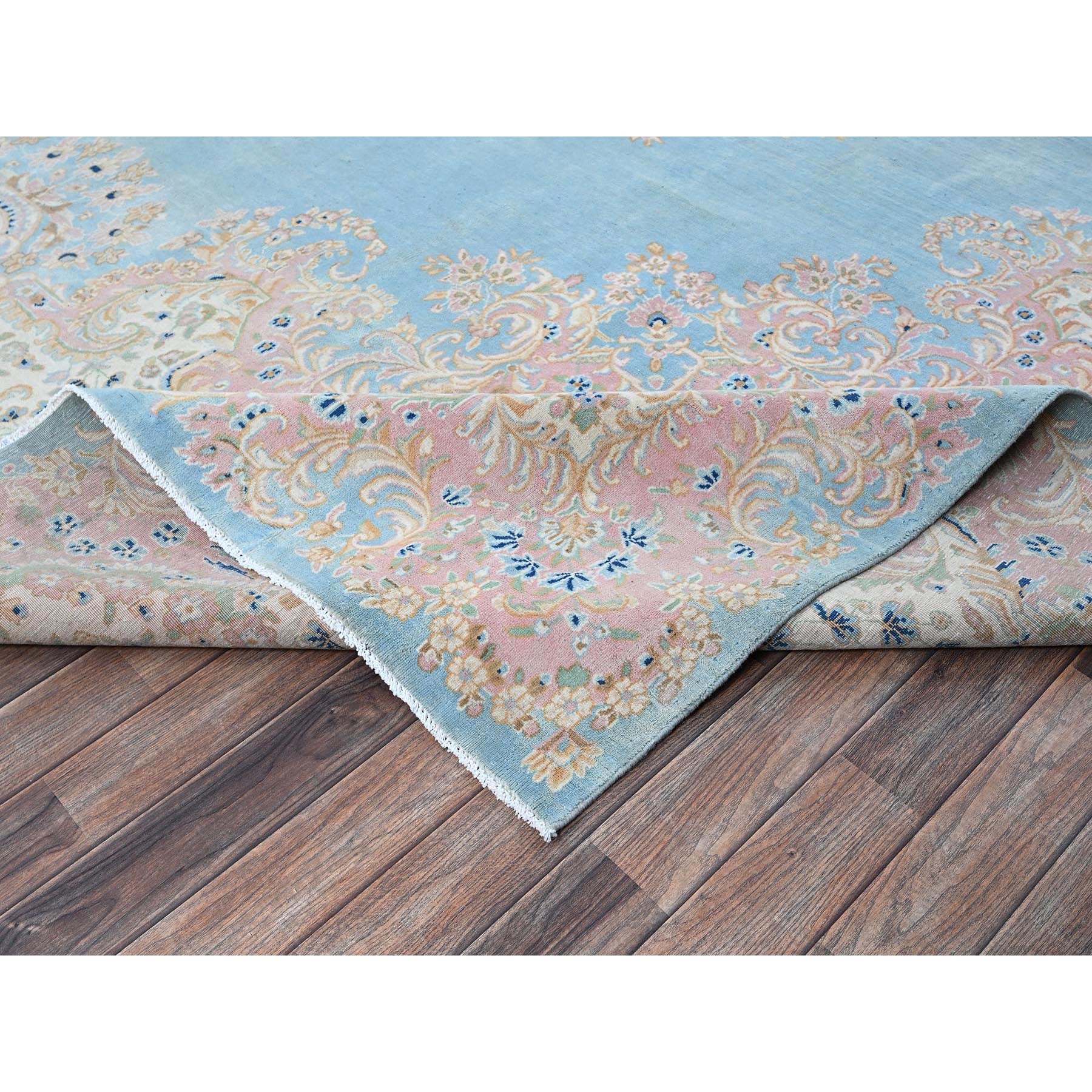 12'x12' Baby Blue, Antique Persian Kerman, Even Wear, Clean and Soft, Sides and Ends Professionally Secured, Hand Knotted, 100% Wool, Square, Oriental Rug Sh1374
