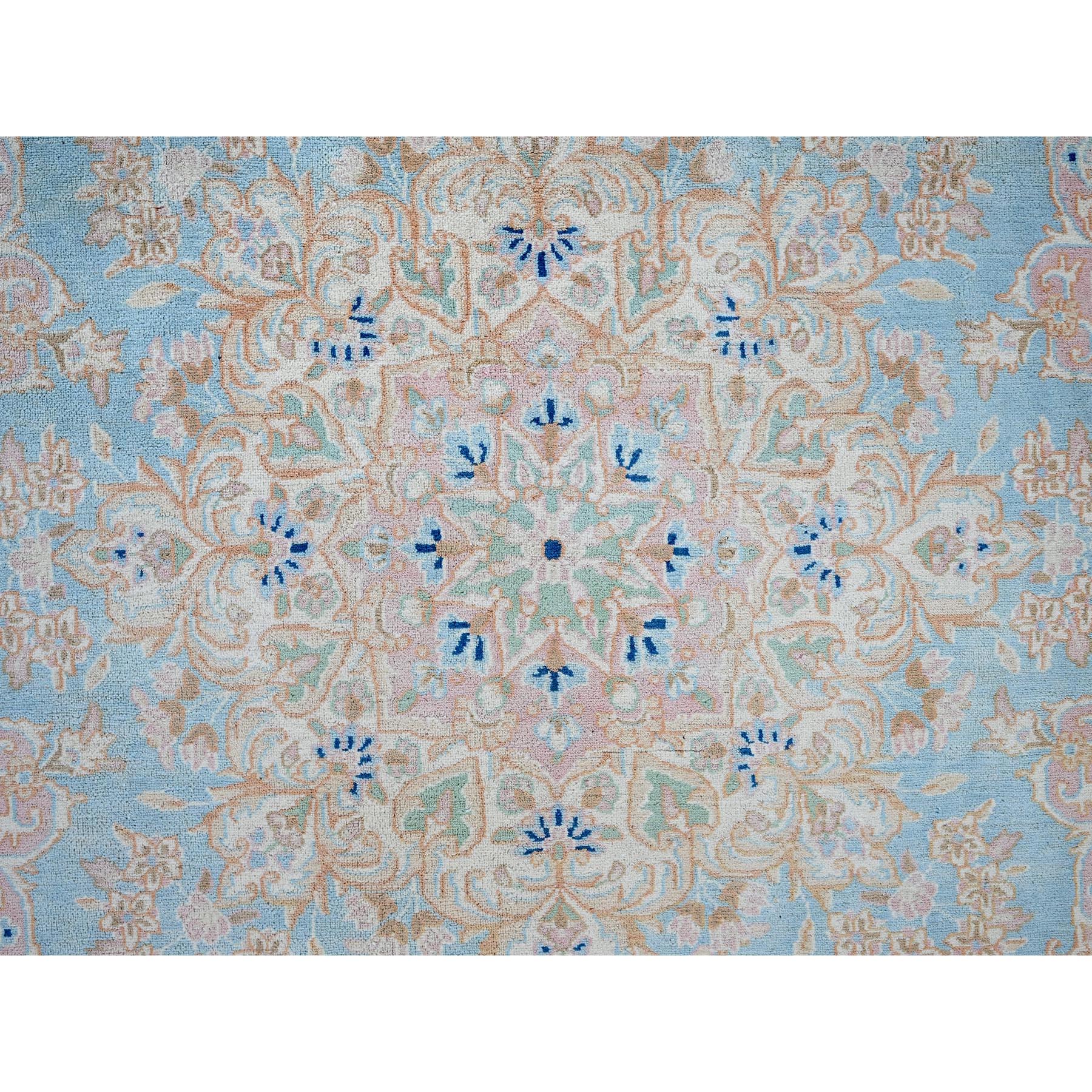 12'x12' Baby Blue, Antique Persian Kerman, Even Wear, Clean and Soft, Sides and Ends Professionally Secured, Hand Knotted, 100% Wool, Square, Oriental Rug Sh1374