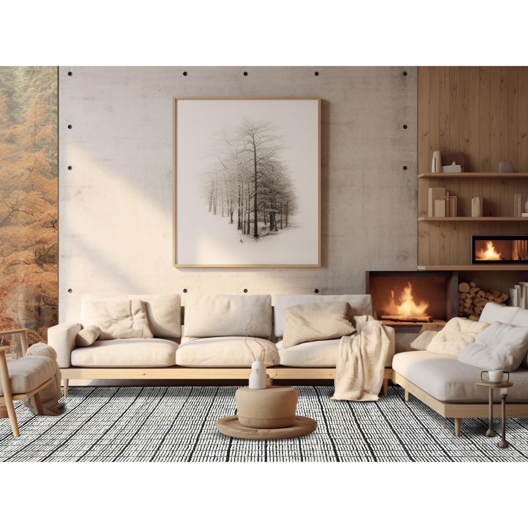 8'4"x9'10" Vista White, Moroccan Weave with Box Design, Textured Pile, Tone on Tone, Undyed Natural Wool, Hand Knotted, Oriental Rug Sh1377