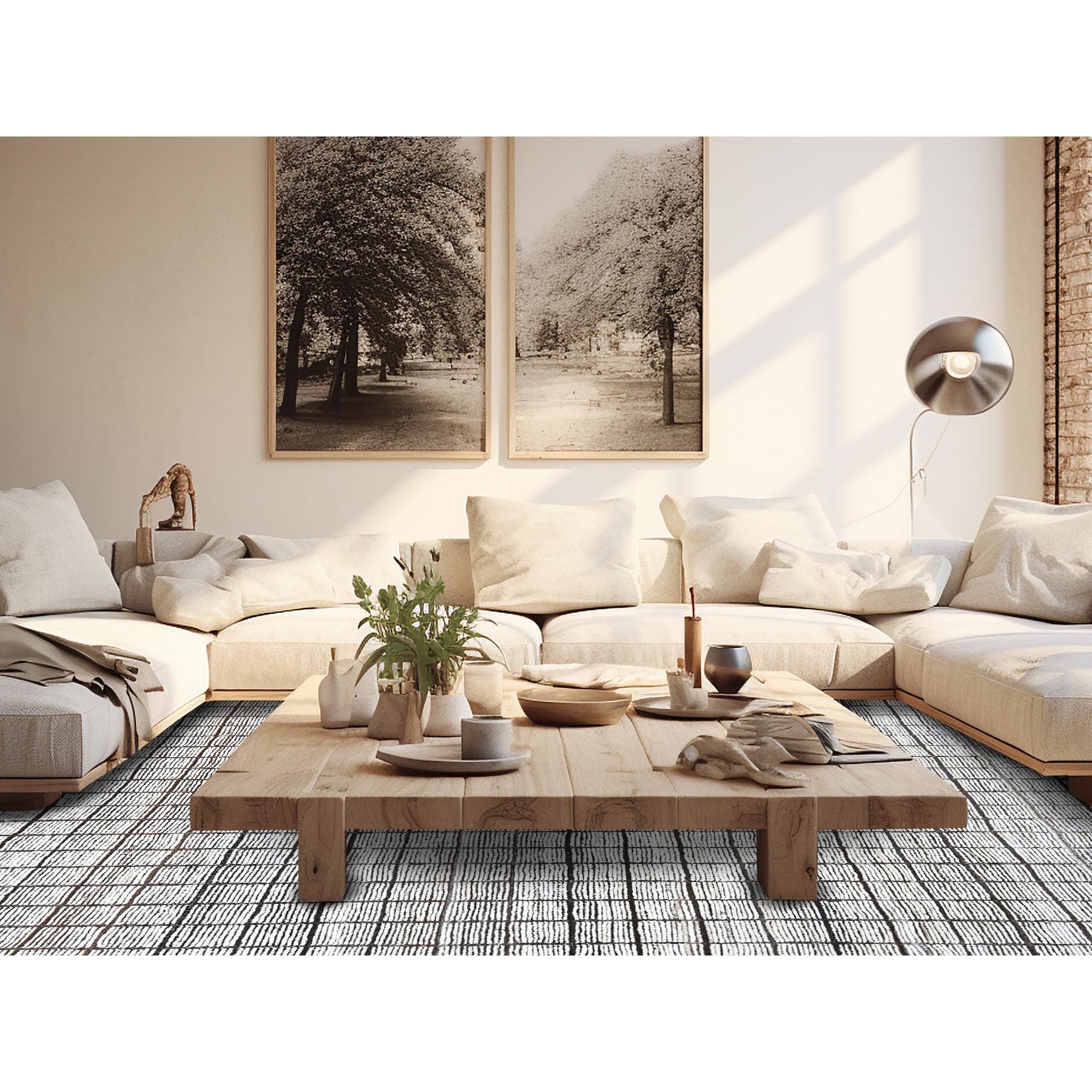 8'9"x9'10" Daisy White, Moroccan Weave with Box Design, Textured Pile, Tone on Tone, Undyed Natural Wool, Hand Knotted, Squarish, Oriental Rug Sh1378