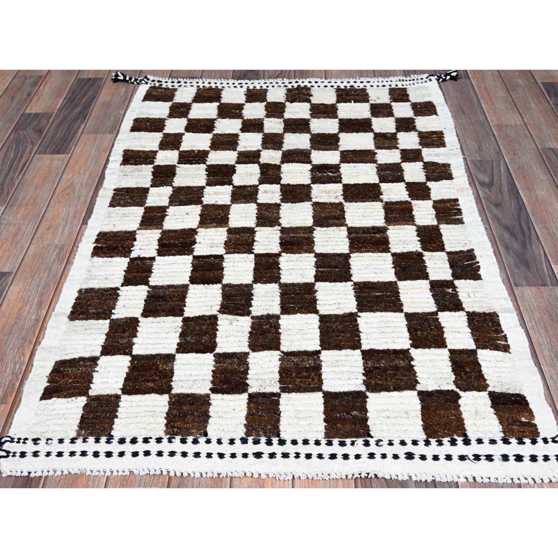 2'10"x4'9" Chocolate Brown and Ivory, Moroccan Weave with Box Design, Textured Pile, Tone on Tone, Undyed Natural Wool, Hand Knotted, Oriental Rug Sh1380