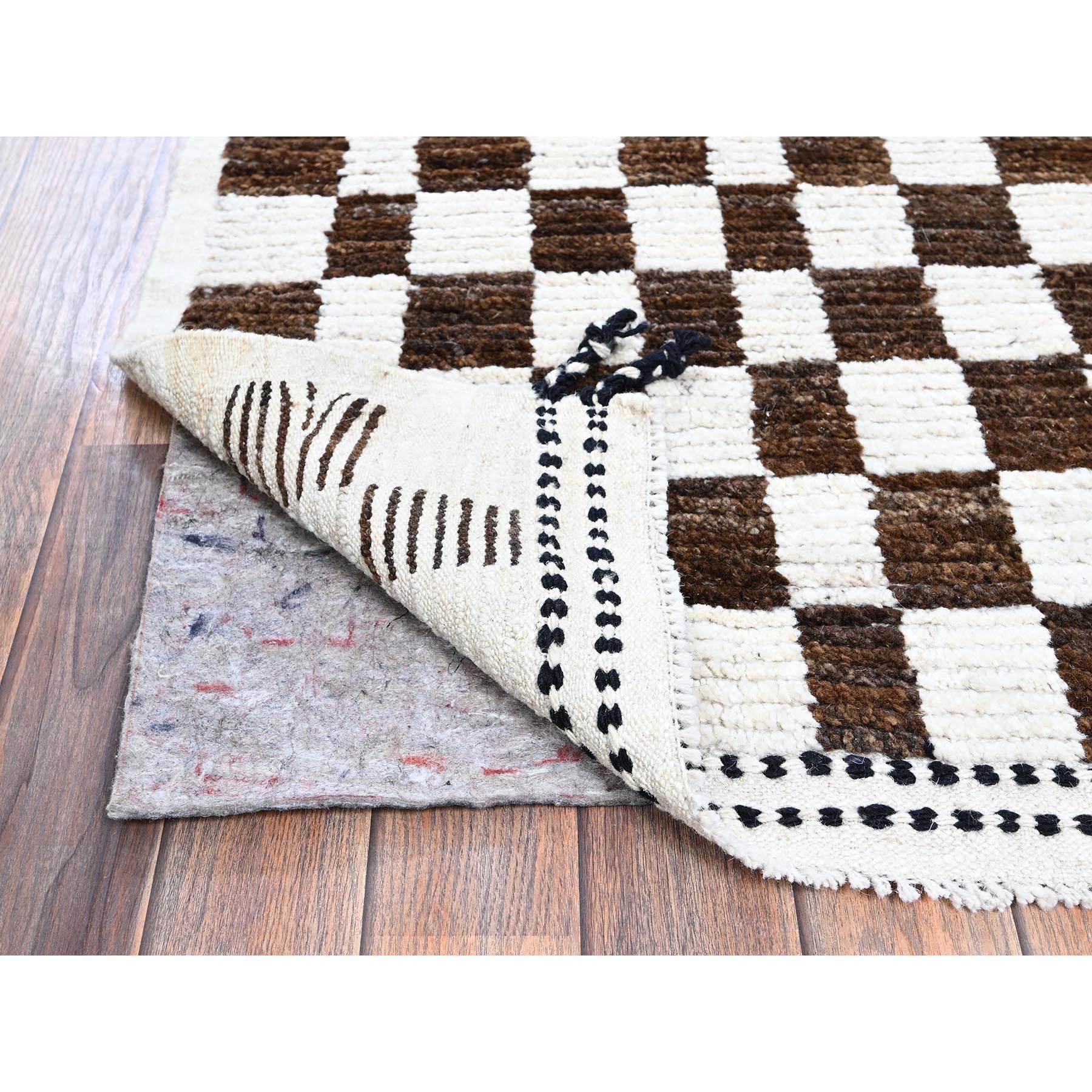 2'10"x4'9" Chocolate Brown and Ivory, Moroccan Weave with Box Design, Textured Pile, Tone on Tone, Undyed Natural Wool, Hand Knotted, Oriental Rug Sh1380