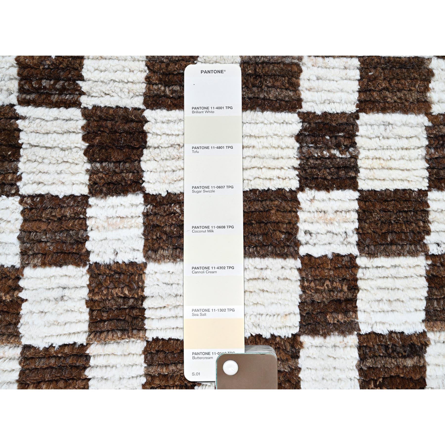 2'10"x4'9" Chocolate Brown and Ivory, Moroccan Weave with Box Design, Textured Pile, Tone on Tone, Undyed Natural Wool, Hand Knotted, Oriental Rug Sh1380