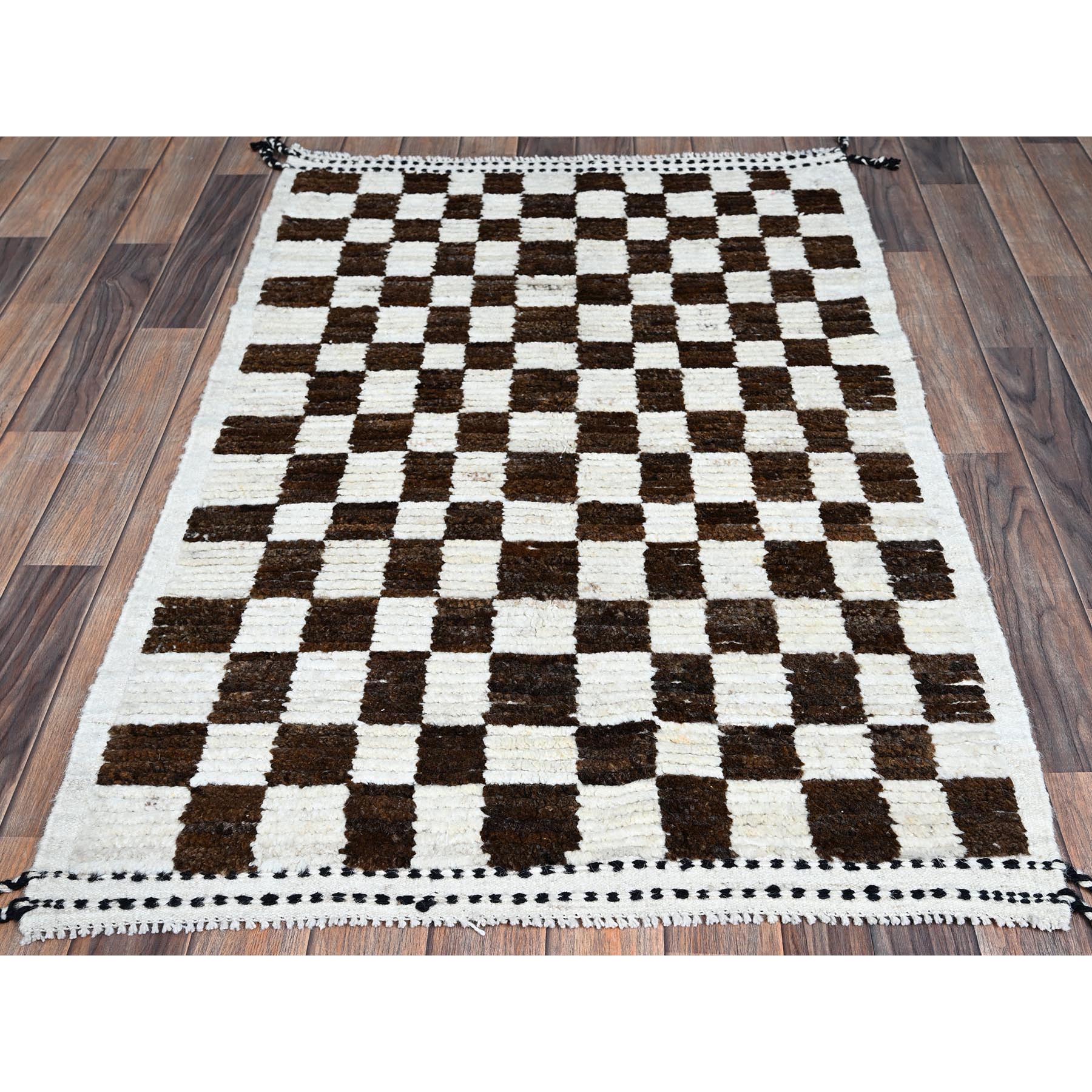 2'10"x4'10" Chocolate Brown and Ivory, Moroccan Weave with Squares Design, Tone on Tone, Textured Pile, Undyed Natural Wool, Hand Knotted, Oriental Rug Sh1381