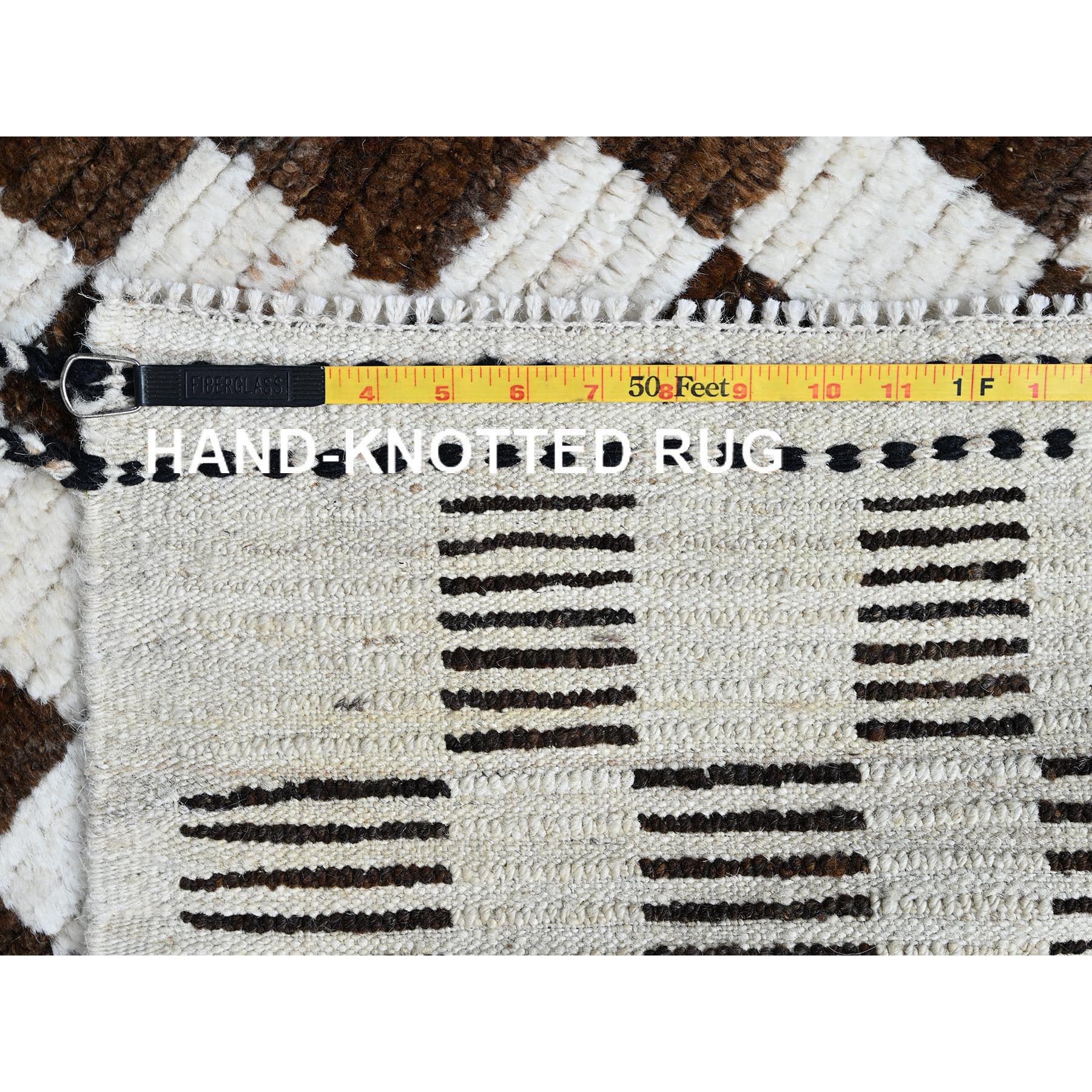 2'10"x4'10" Chocolate Brown and Ivory, Moroccan Weave with Squares Design, Tone on Tone, Textured Pile, Undyed Natural Wool, Hand Knotted, Oriental Rug Sh1381