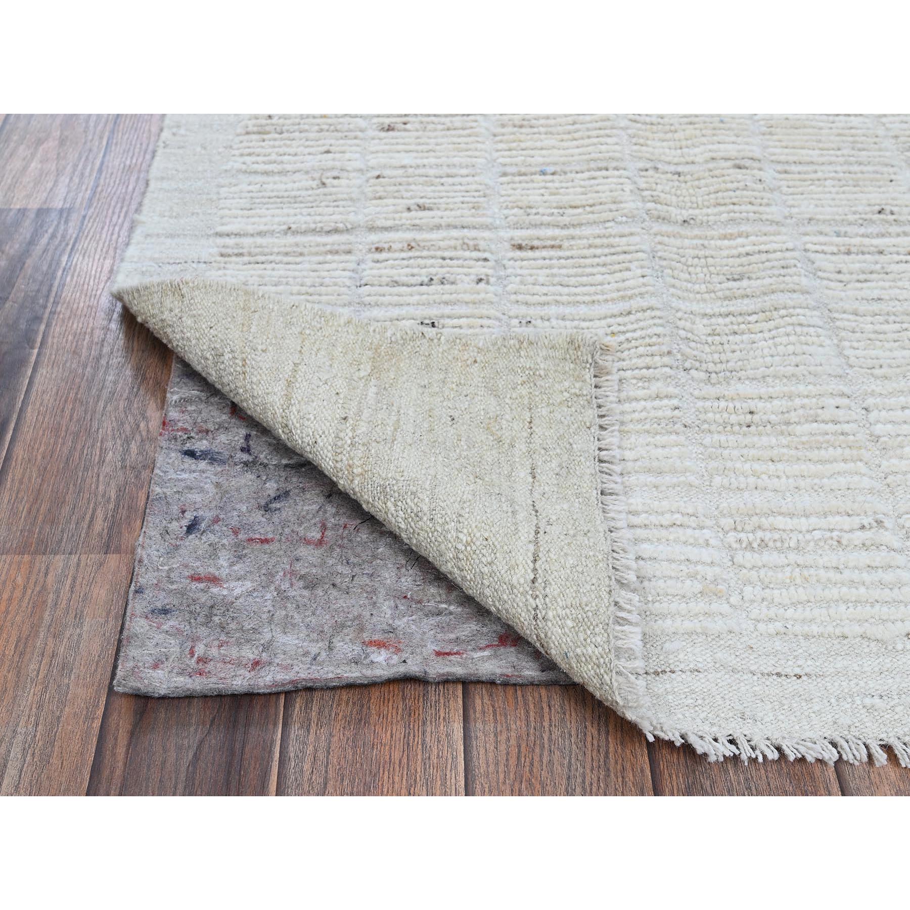 3'x5' Alabaster White, Moroccan Weave with Grid Design, Tone on Tone, Undyed Natural Wool, Textured Pile, Hand Knotted, Oriental Rug Sh1382