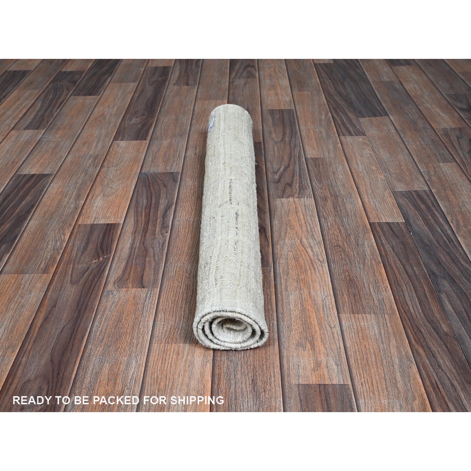 2'4"x3' Pearl White, Moroccan Weave with Squares Design, Textured Pile, Tone on Tone, Undyed Natural Wool, Hand Knotted, Sample, Mat, Oriental Rug Sh1386