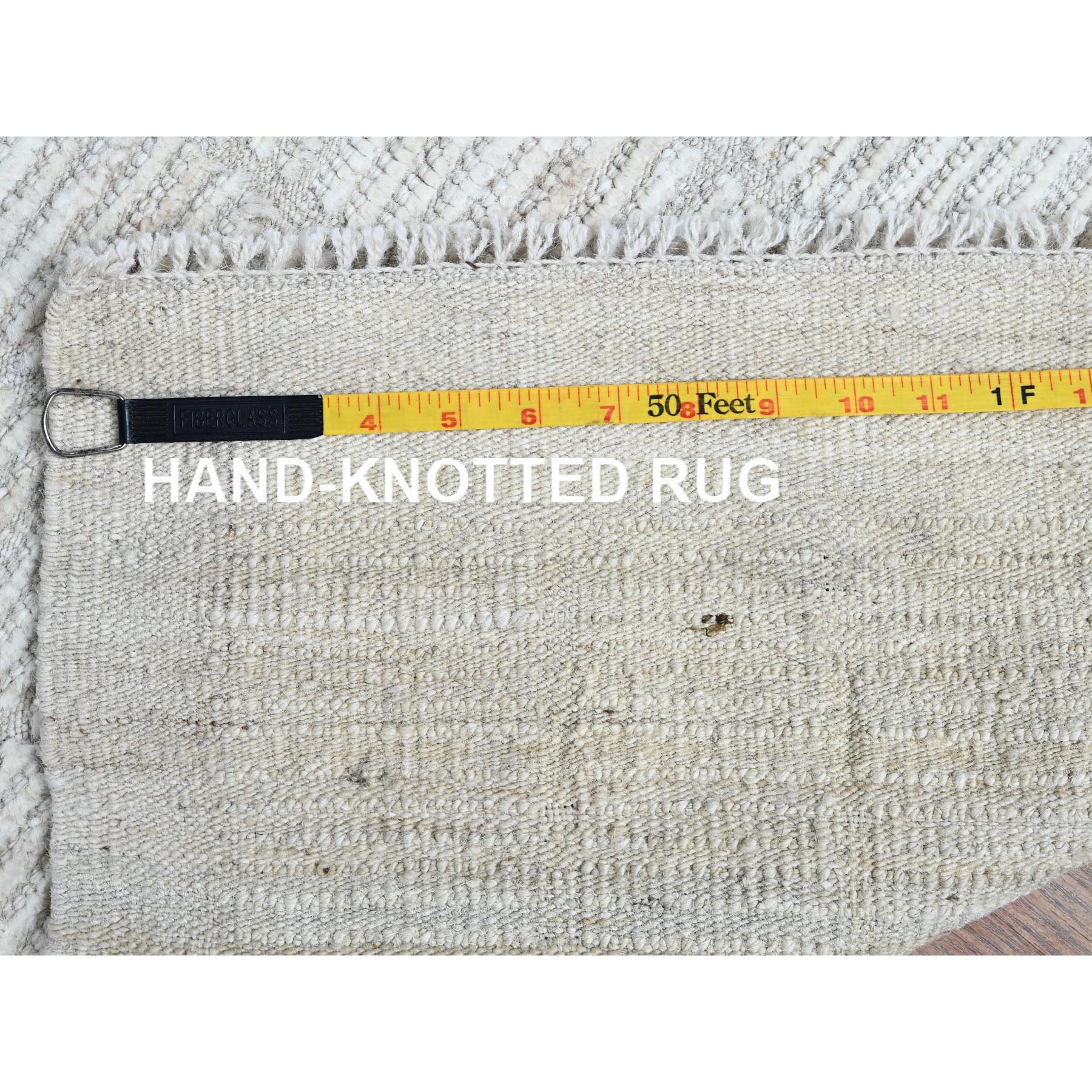 2'4"x3' Alabaster White, Hand Knotted, Moroccan Weave with Box Design, Textured Pile, Tone on Tone, Undyed Natural Wool, Mat, Sample, Oriental Rug Sh1387