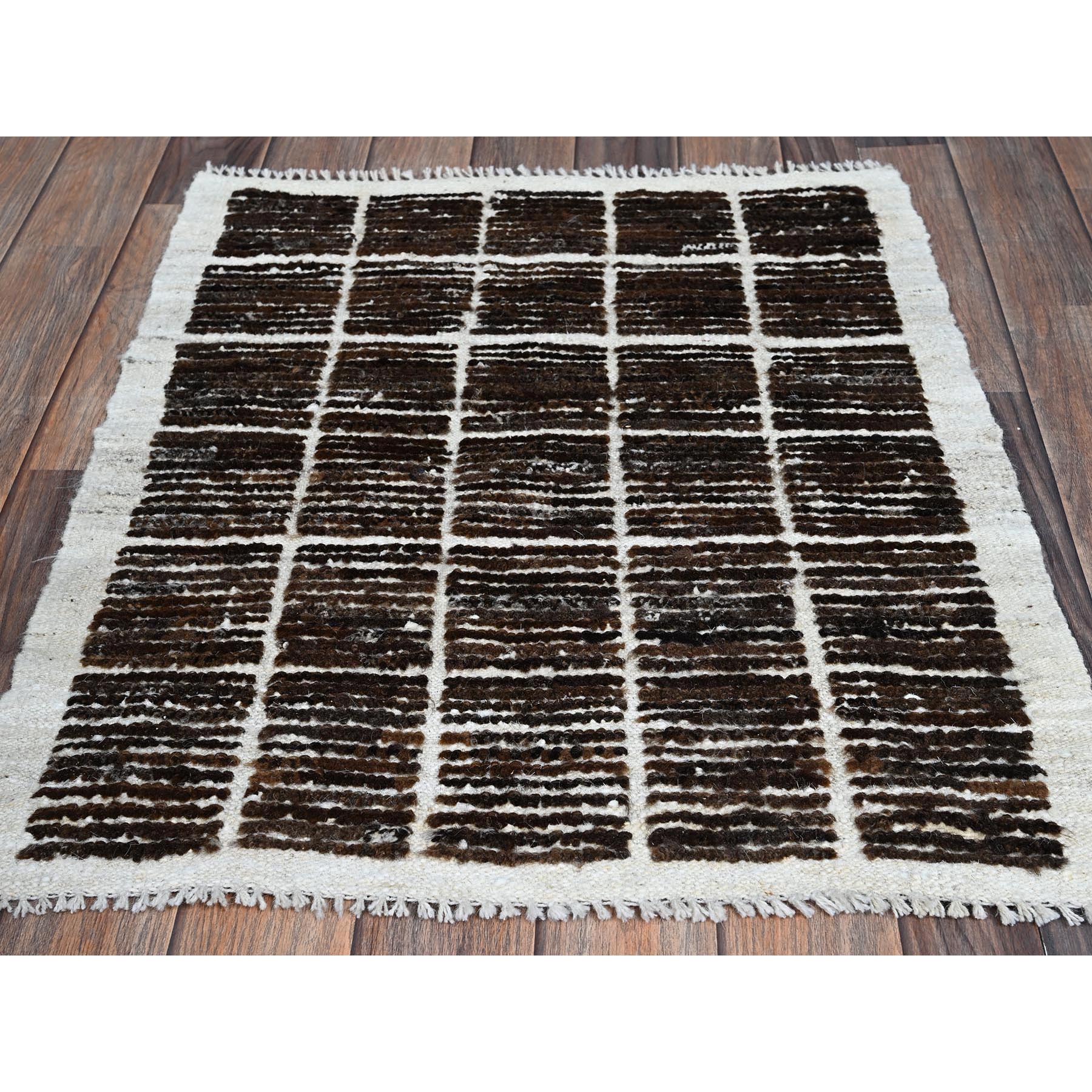 2'1"x2'7" Chocolate Brown, Moroccan Weave with Grid Design, Textured Pile, Tone on Tone, Undyed Natural Wool, Hand Knotted, Sample, Mat, Oriental Rug Sh1388