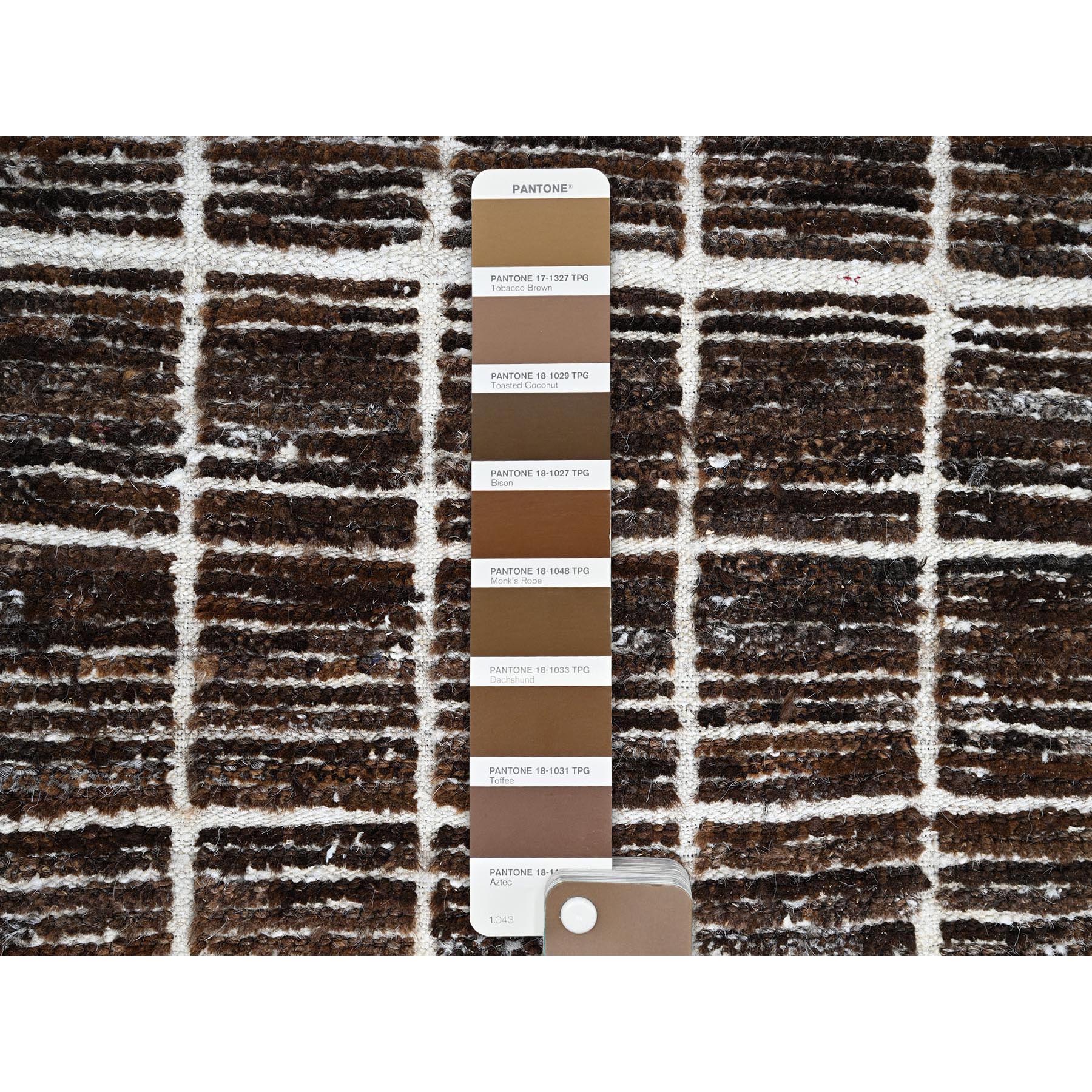2'1"x2'7" Chocolate Brown, Moroccan Weave with Grid Design, Textured Pile, Tone on Tone, Undyed Natural Wool, Hand Knotted, Sample, Mat, Oriental Rug Sh1388