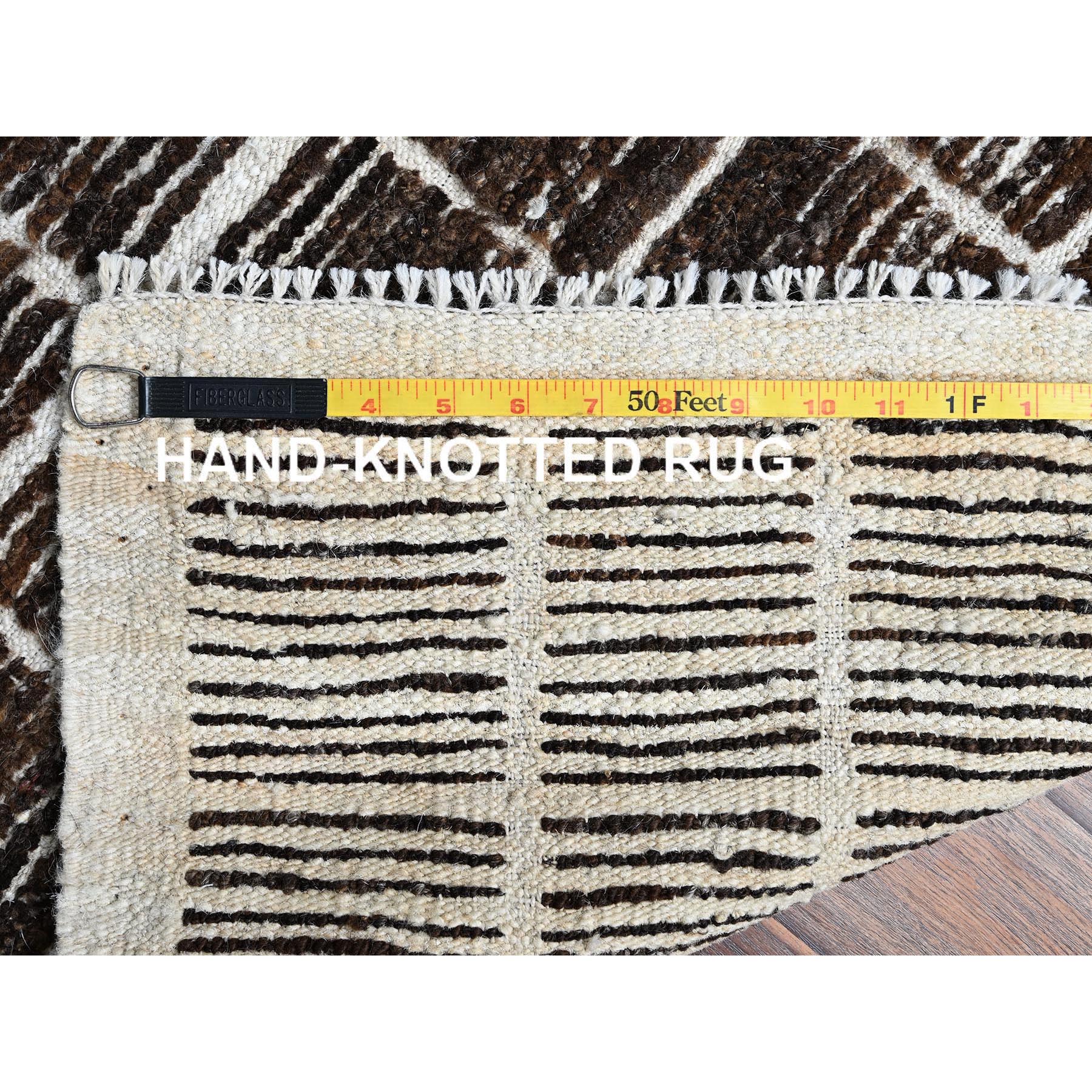 2'1"x2'7" Chocolate Brown, Moroccan Weave with Grid Design, Textured Pile, Tone on Tone, Undyed Natural Wool, Hand Knotted, Sample, Mat, Oriental Rug Sh1388