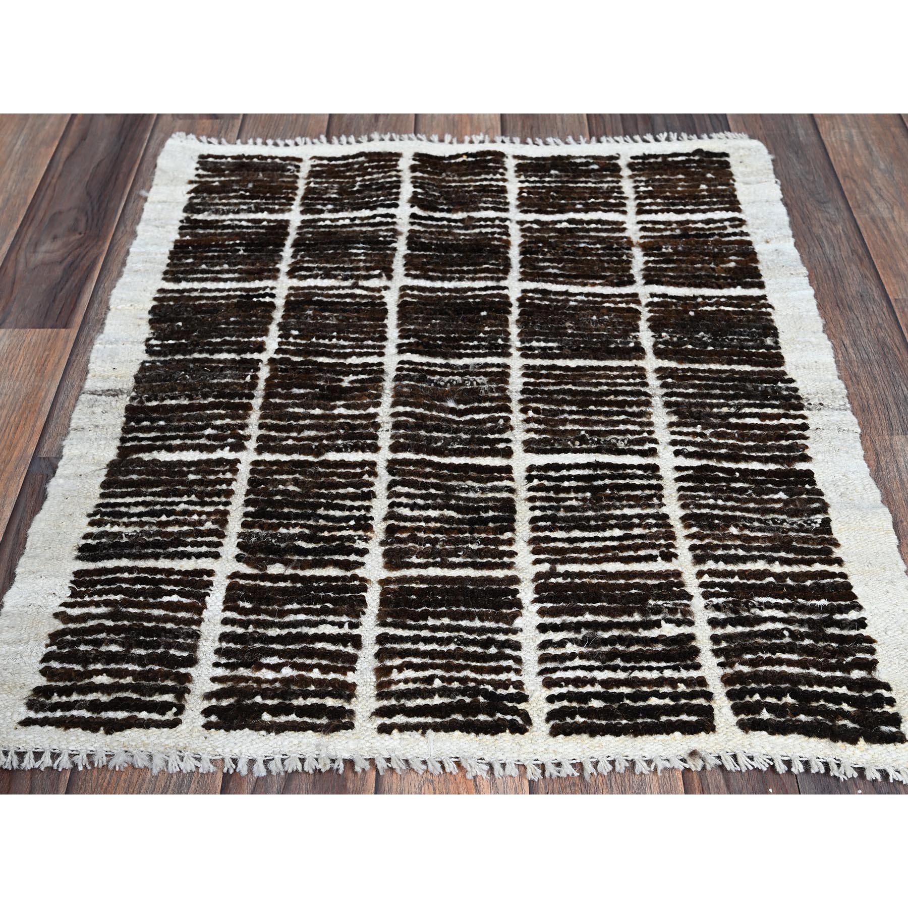 2'1"x2'7" Chocolate Brown, Moroccan Weave with Box Design, Textured Pile, Undyed Natural Wool, Tone on Tone, Hand Knotted, Sample, Mat, Oriental Rug Sh1389