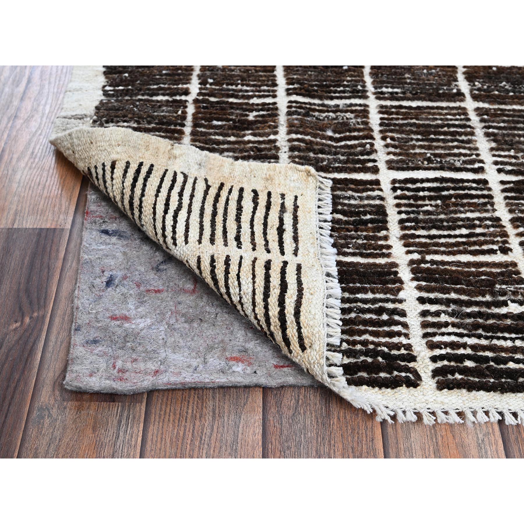 2'1"x2'7" Chocolate Brown, Moroccan Weave with Box Design, Textured Pile, Undyed Natural Wool, Tone on Tone, Hand Knotted, Sample, Mat, Oriental Rug Sh1389