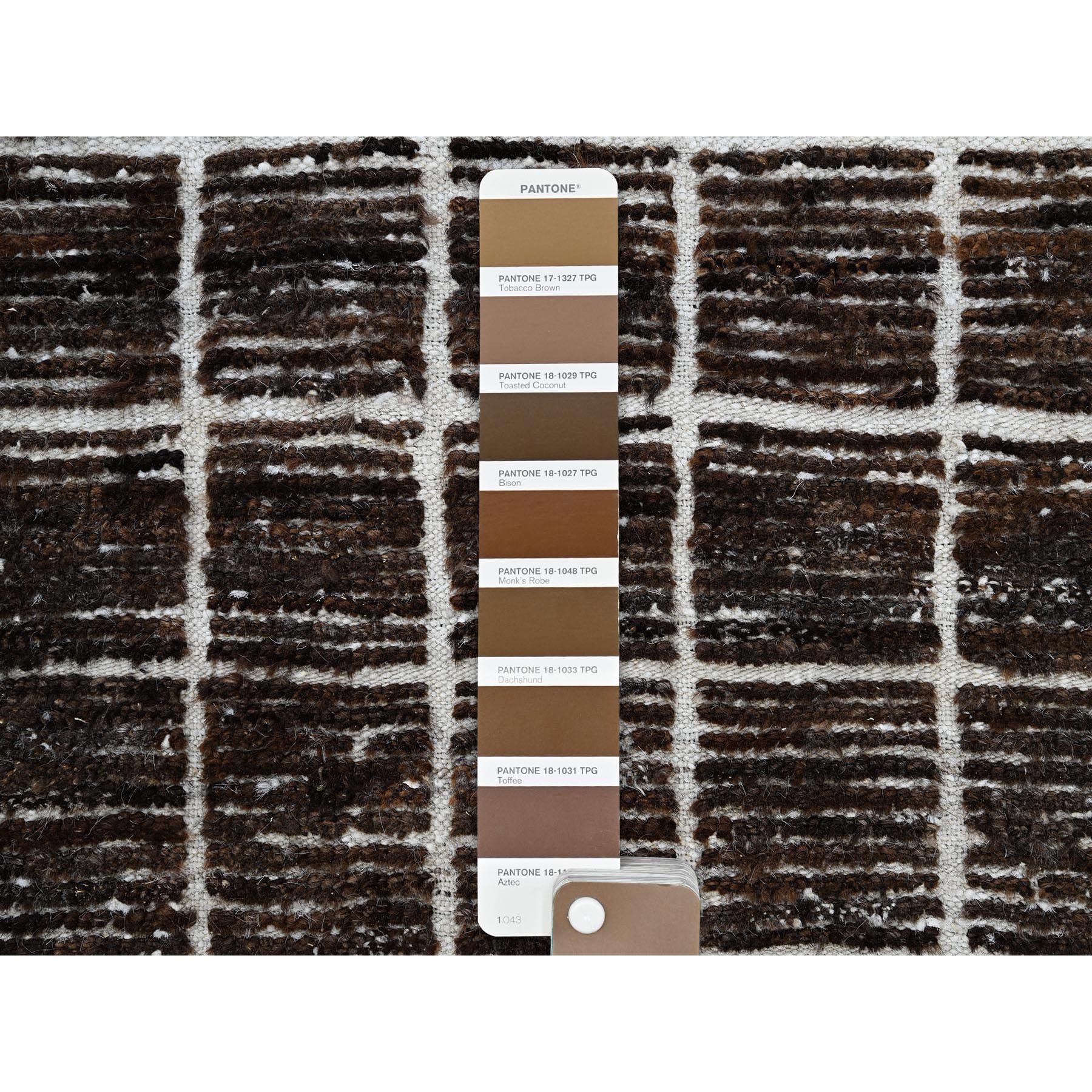 2'1"x2'7" Chocolate Brown, Moroccan Weave with Box Design, Textured Pile, Undyed Natural Wool, Tone on Tone, Hand Knotted, Sample, Mat, Oriental Rug Sh1389