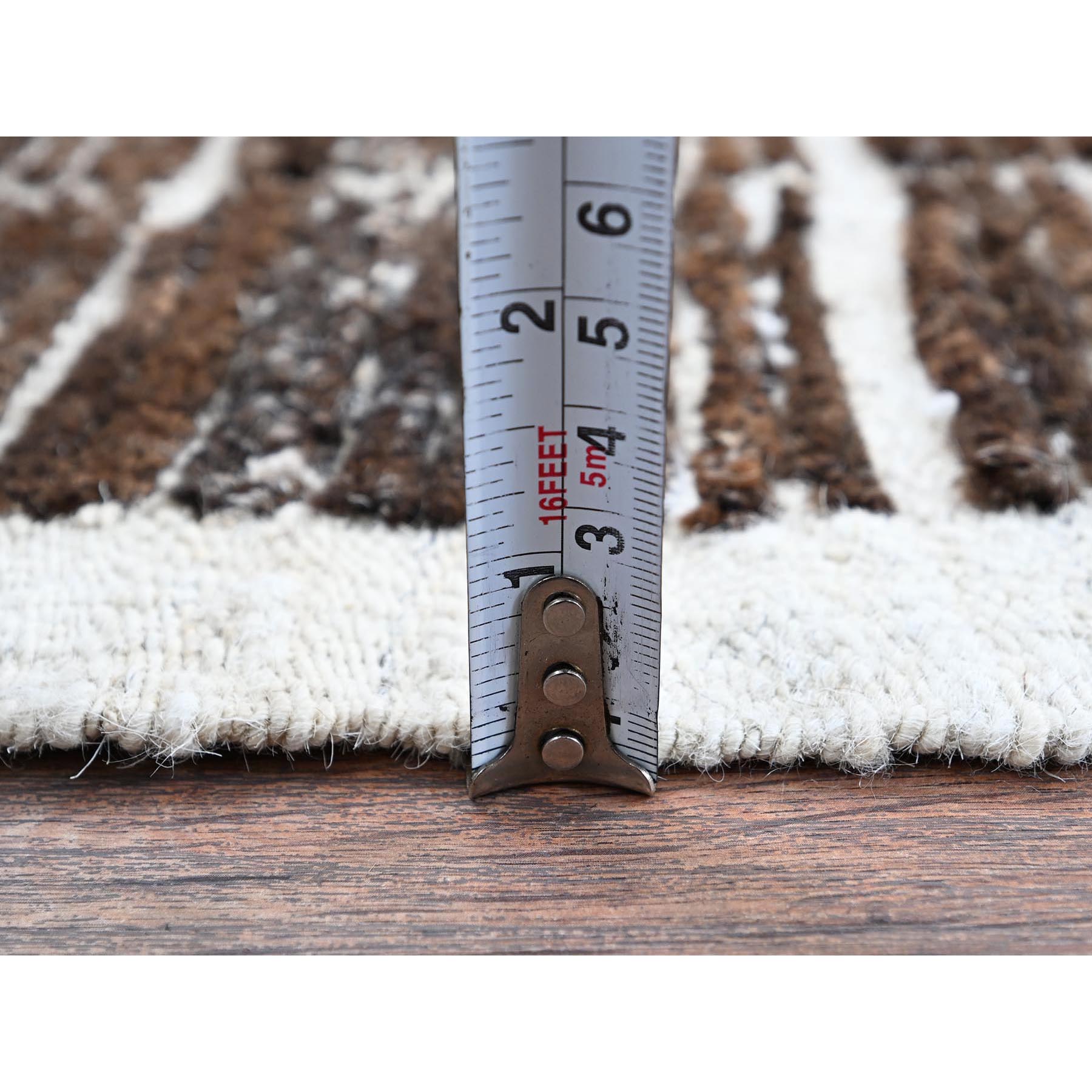 2'1"x2'7" Chocolate Brown, Moroccan Weave with Box Design, Textured Pile, Undyed Natural Wool, Tone on Tone, Hand Knotted, Sample, Mat, Oriental Rug Sh1389