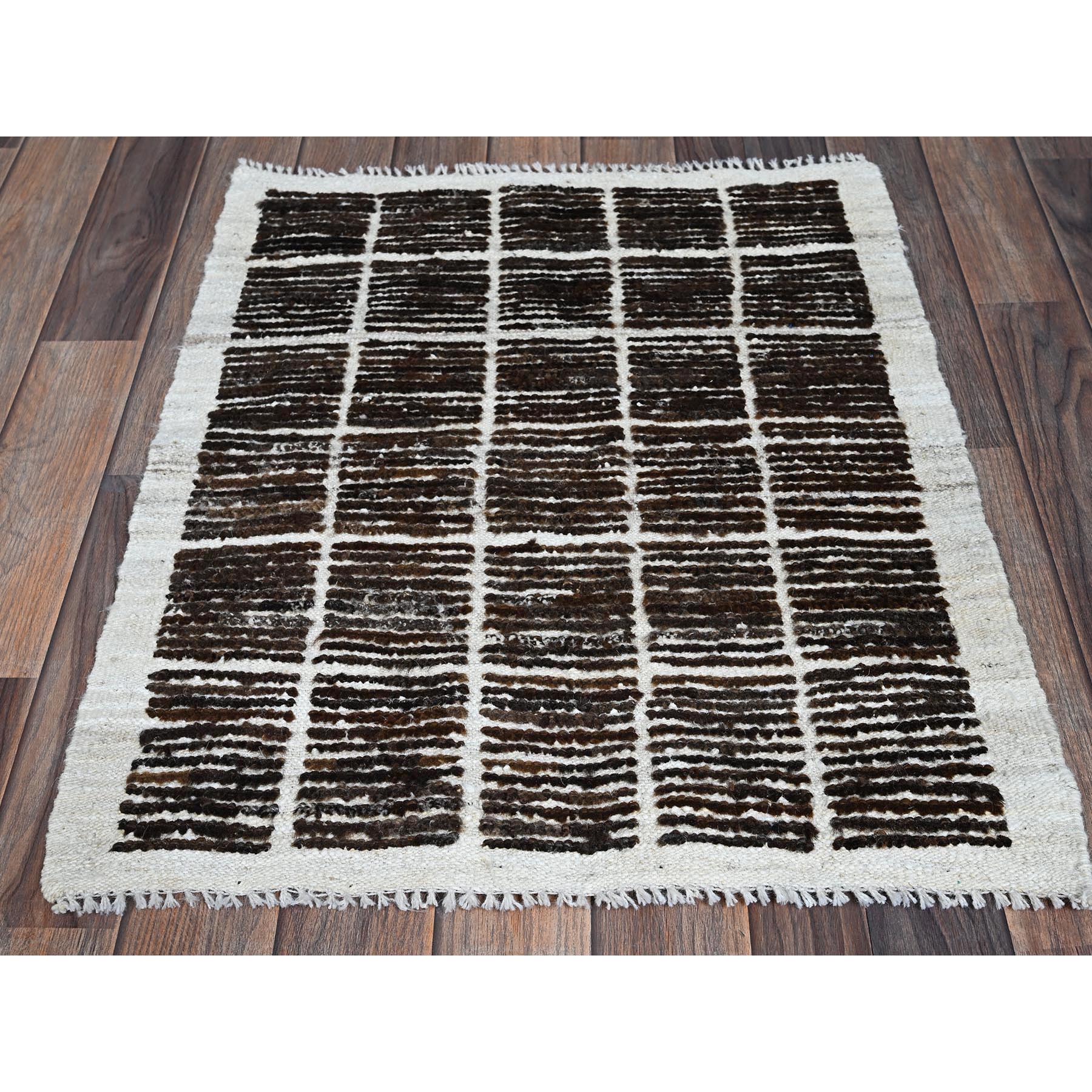 2'1"x2'8" Chocolate Brown, Moroccan Weave with Grid Design, Textured Pile, Tone on Tone, Undyed Natural Wool, Hand Knotted, Mat, Sample, Oriental Rug Sh1390