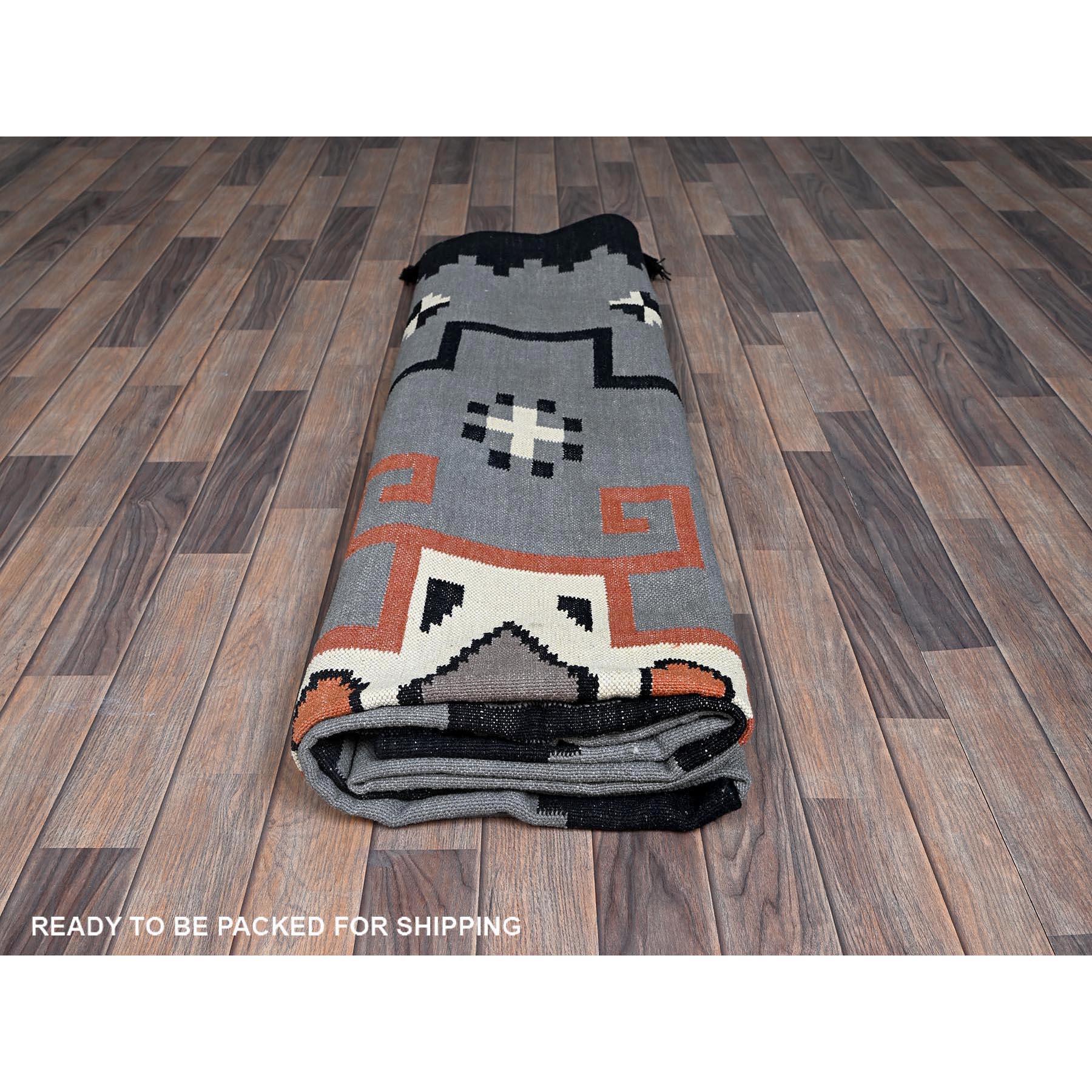 9'1"x12' Spanish Gray, Flat Weave, American Indian Southwest Geometric Design, Hand Woven, 100% Wool, Oriental Rug Sh1400
