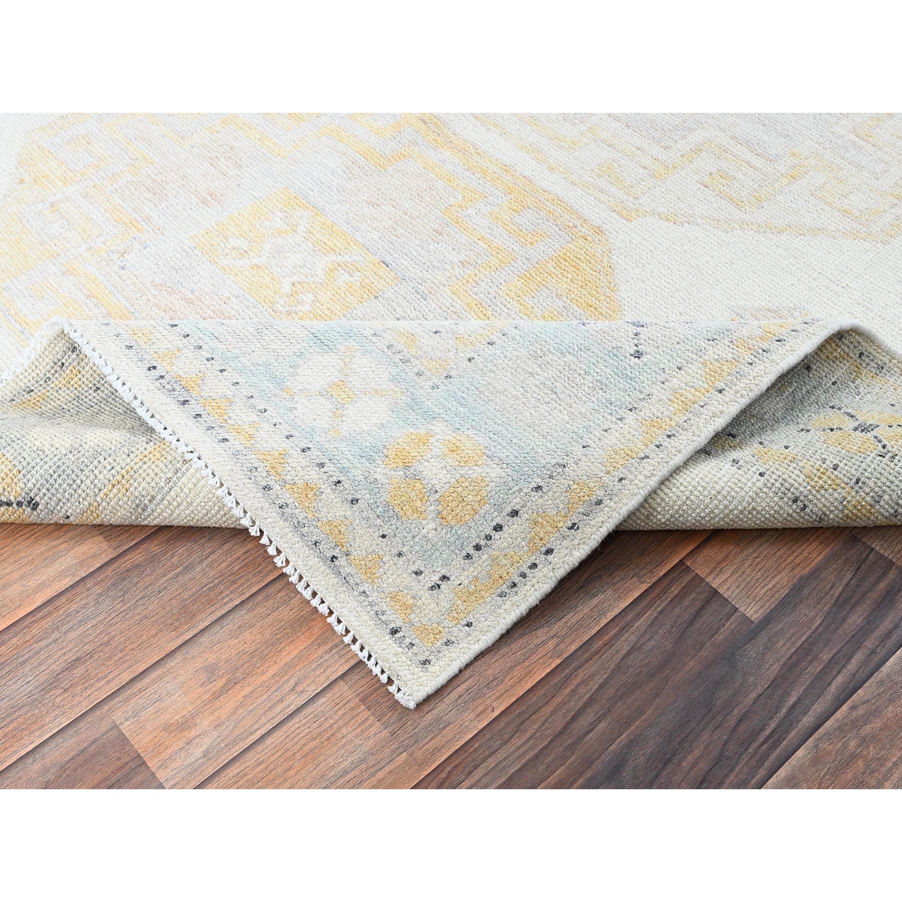 4'9"x6'9" Bone White, Geometric Caucasian Design, 100% Wool, Hand Knotted, Cropped Low, Zero Pile, Oriental Rug Sh1415