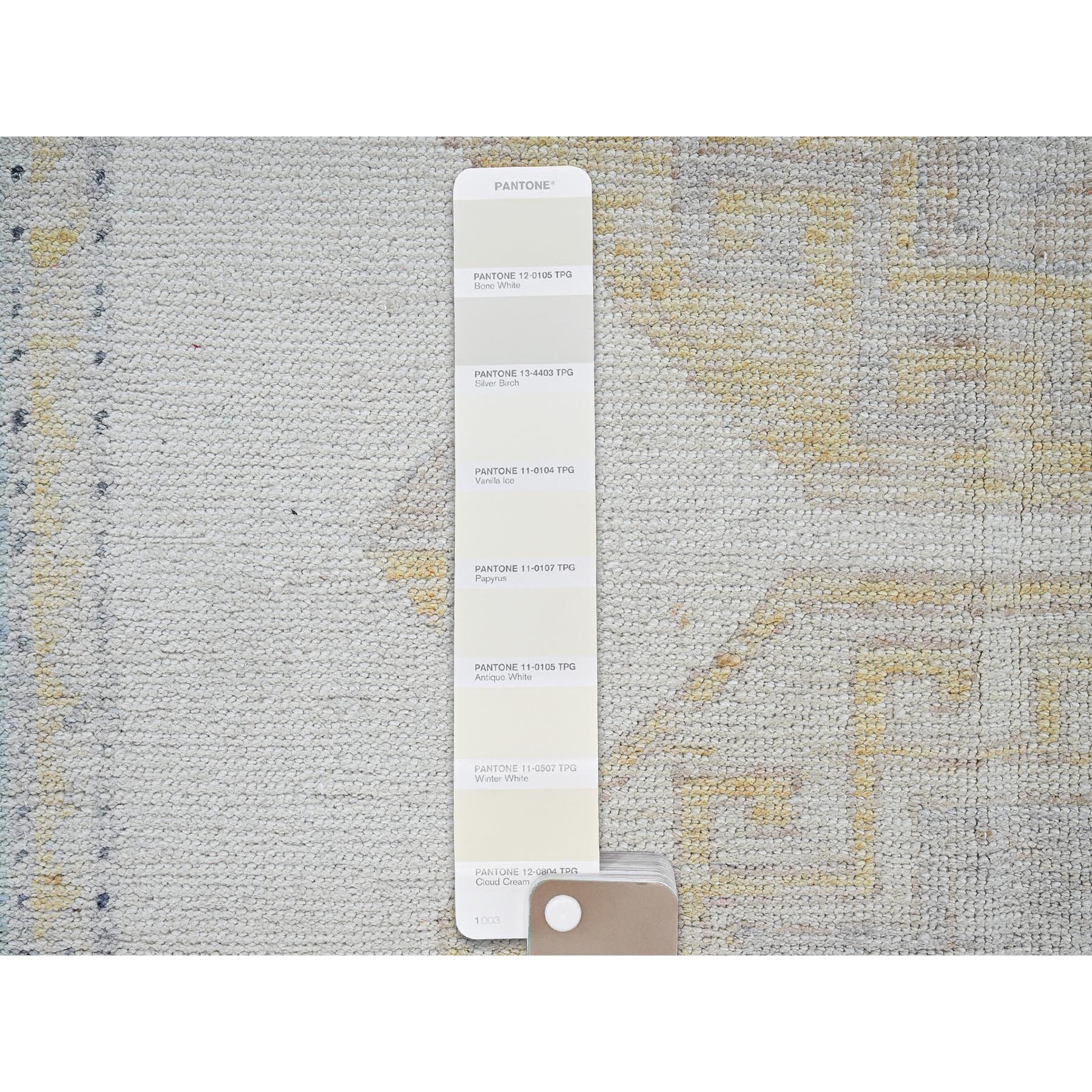 4'9"x6'9" Bone White, Geometric Caucasian Design, 100% Wool, Hand Knotted, Cropped Low, Zero Pile, Oriental Rug Sh1415