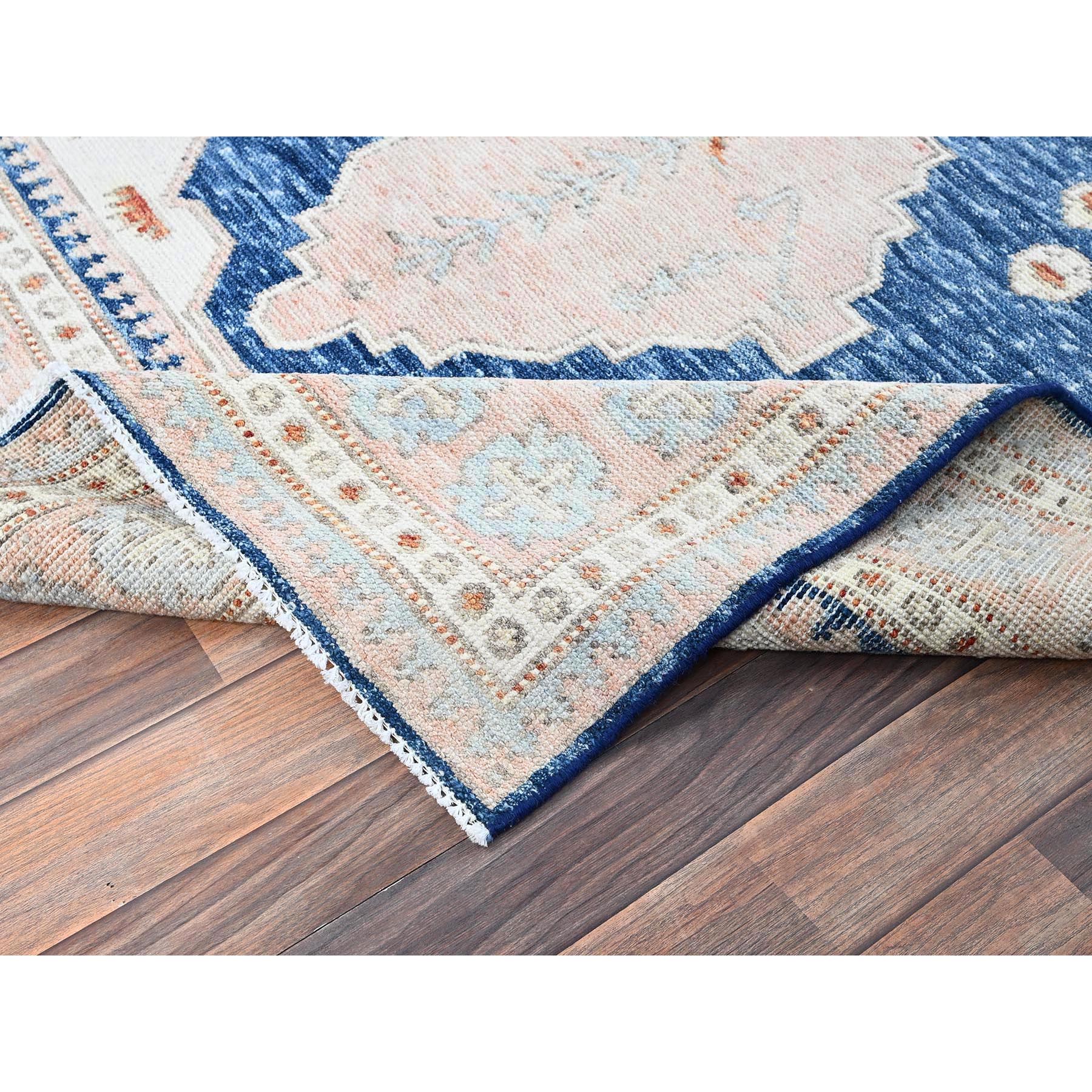 5'x6'10" Yale Blue, Anatolian Village Inspired with Geometric Design, 100% Wool, Cropped Low, Zero Pile, Hand Knotted, Oriental Rug Sh1416