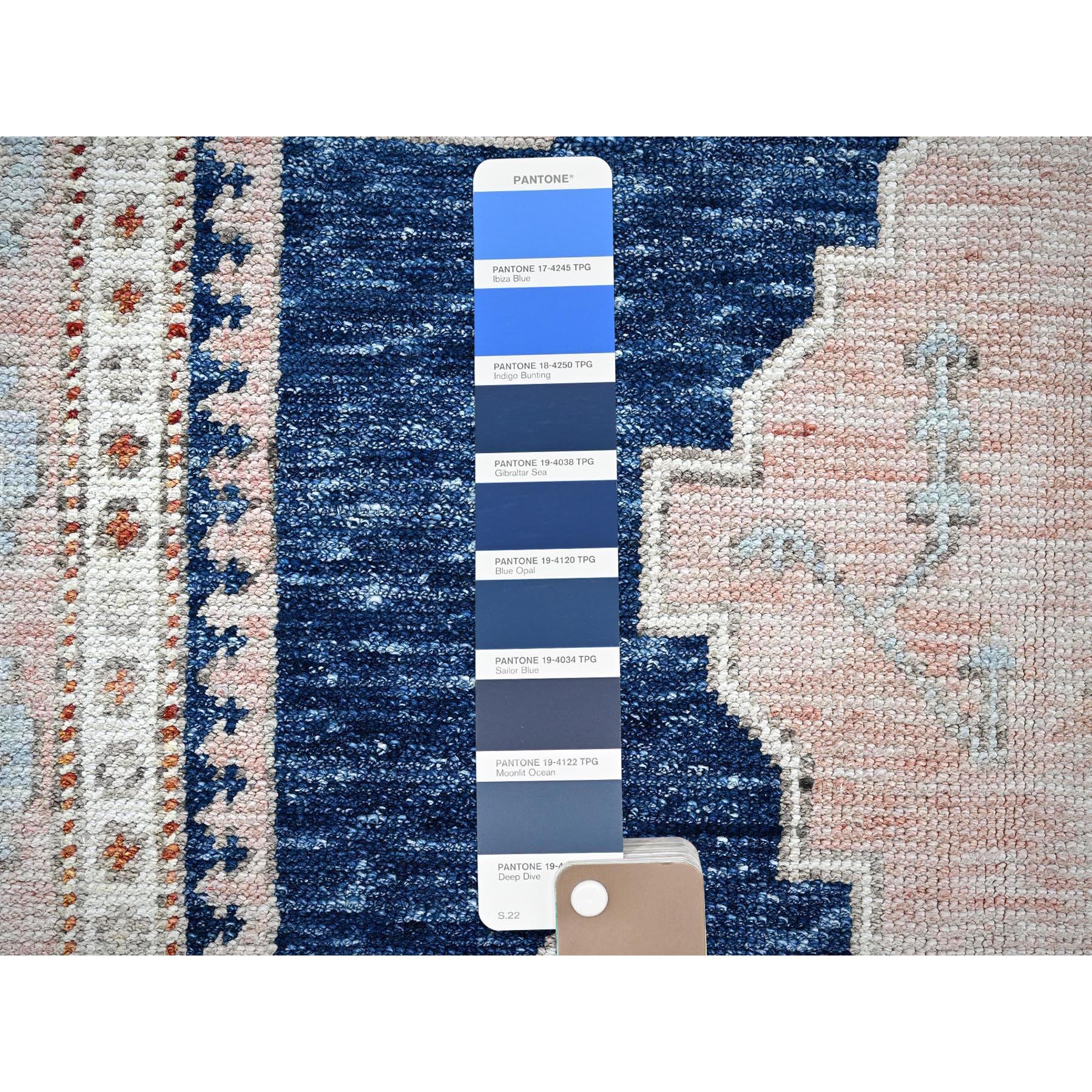 5'x6'10" Yale Blue, Anatolian Village Inspired with Geometric Design, 100% Wool, Cropped Low, Zero Pile, Hand Knotted, Oriental Rug Sh1416