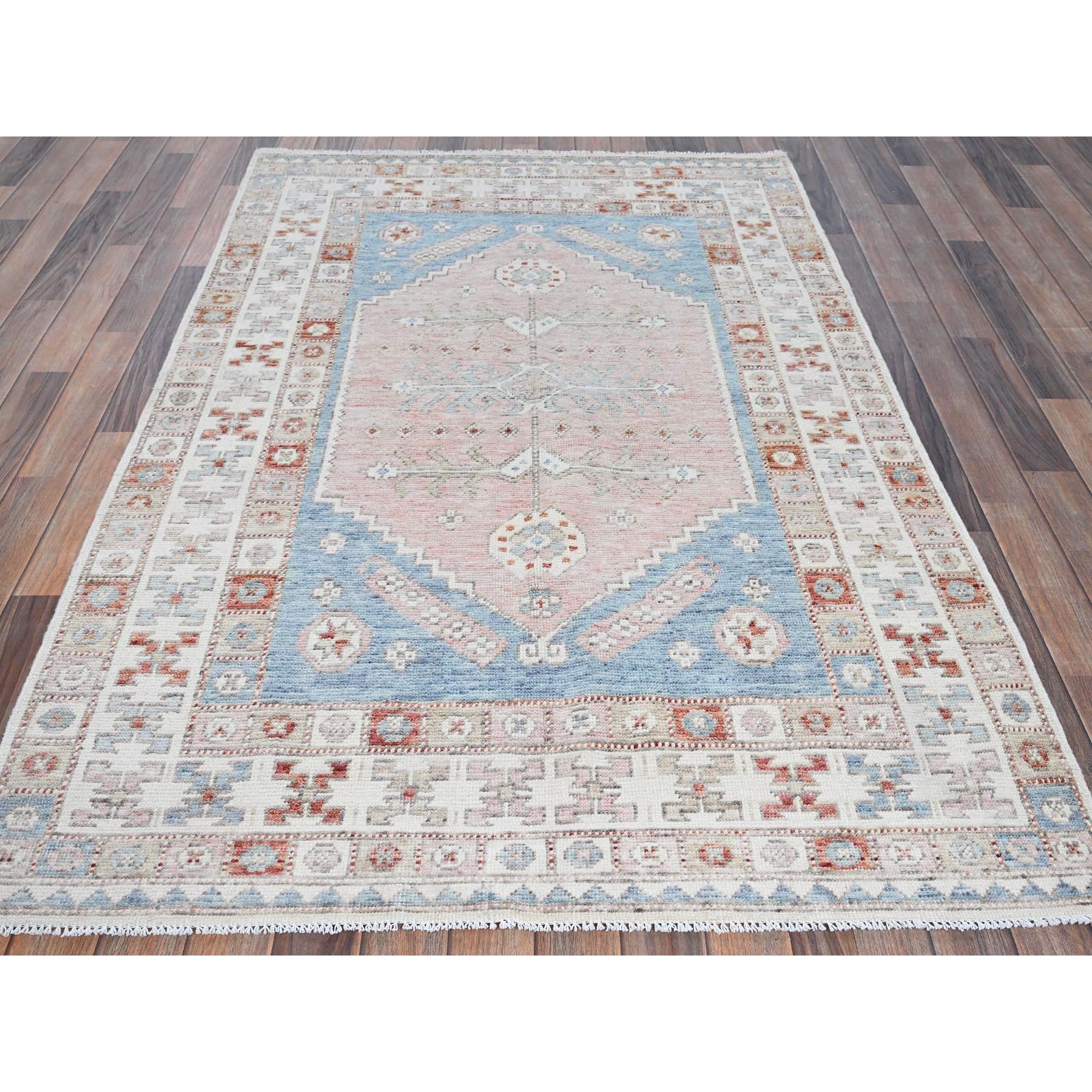 4'6"x6'9" Faded Rose, Pure Wool, Anatolian Village Inspired with Geometric Design, Cropped Low, Zero Pile, Hand Knotted, Oriental Rug Sh1419