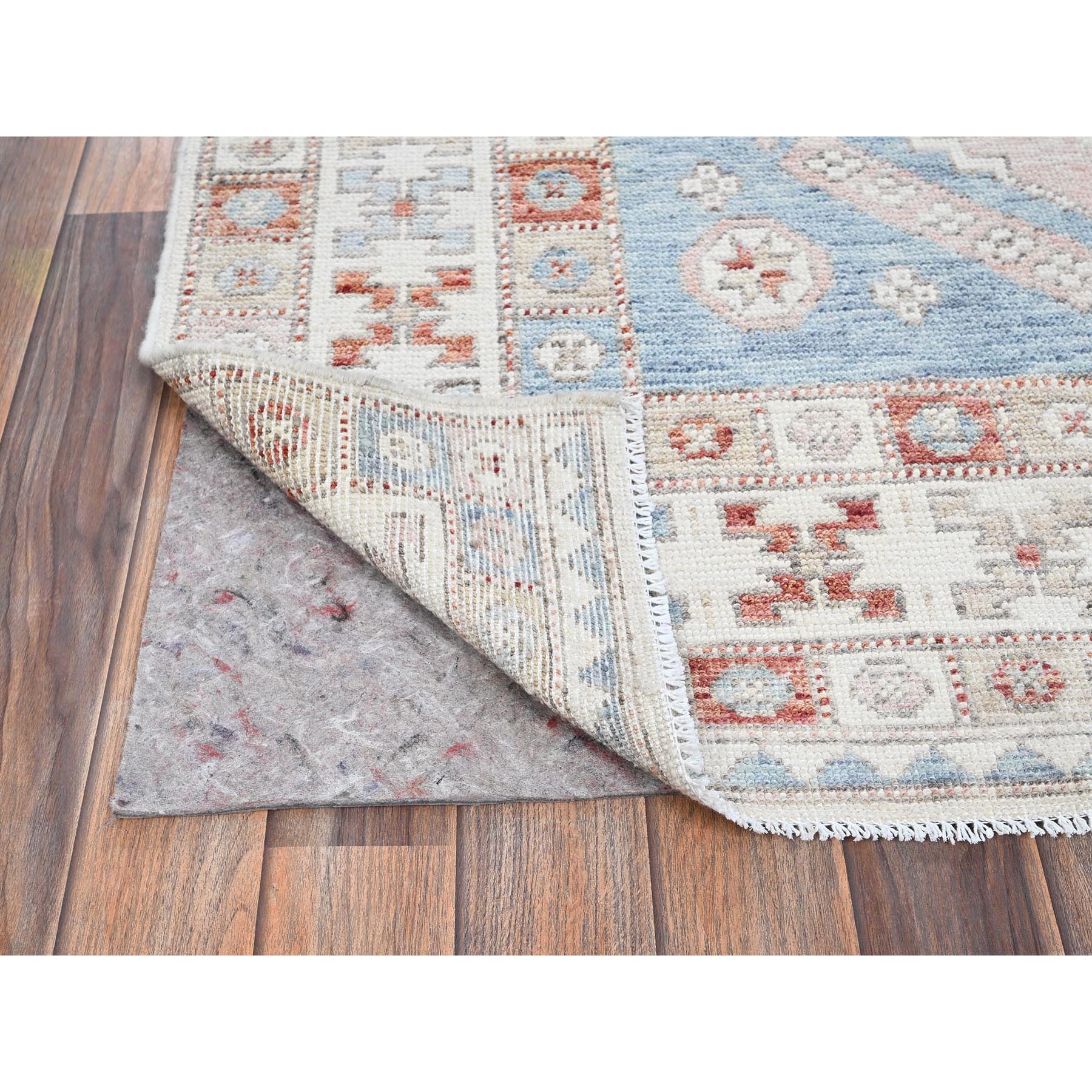 4'6"x6'9" Faded Rose, Pure Wool, Anatolian Village Inspired with Geometric Design, Cropped Low, Zero Pile, Hand Knotted, Oriental Rug Sh1419