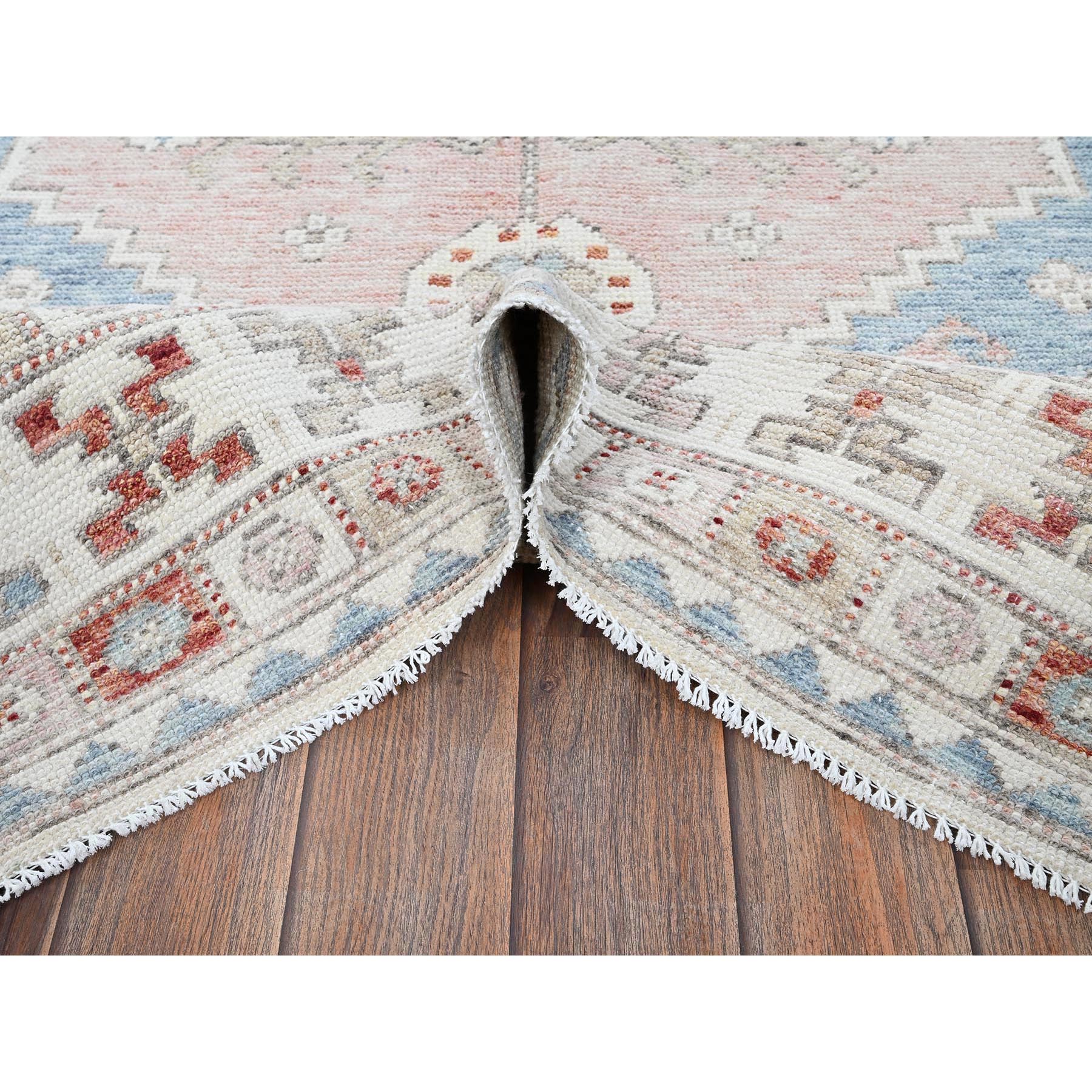 4'6"x6'9" Faded Rose, Pure Wool, Anatolian Village Inspired with Geometric Design, Cropped Low, Zero Pile, Hand Knotted, Oriental Rug Sh1419
