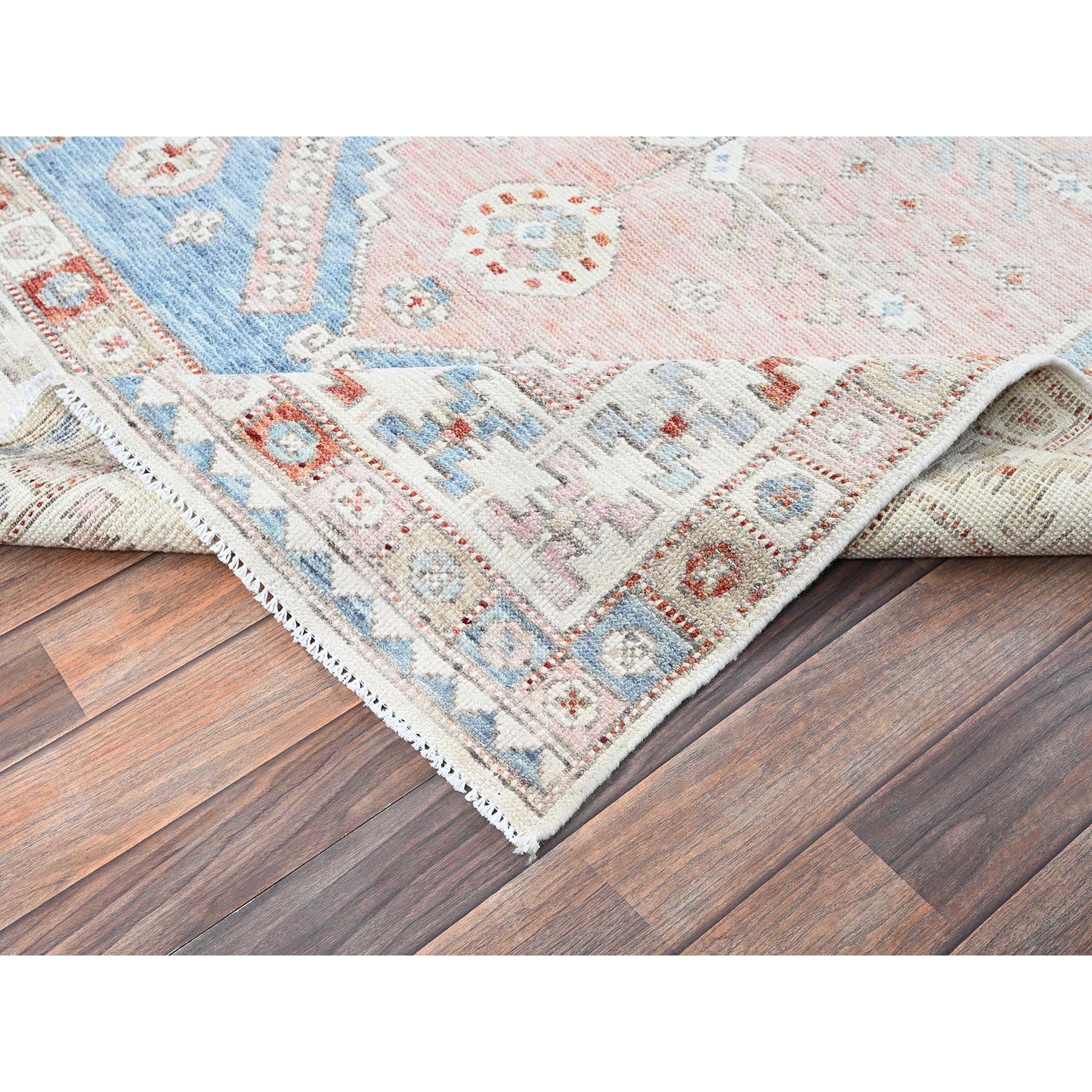 4'6"x6'9" Faded Rose, Pure Wool, Anatolian Village Inspired with Geometric Design, Cropped Low, Zero Pile, Hand Knotted, Oriental Rug Sh1419