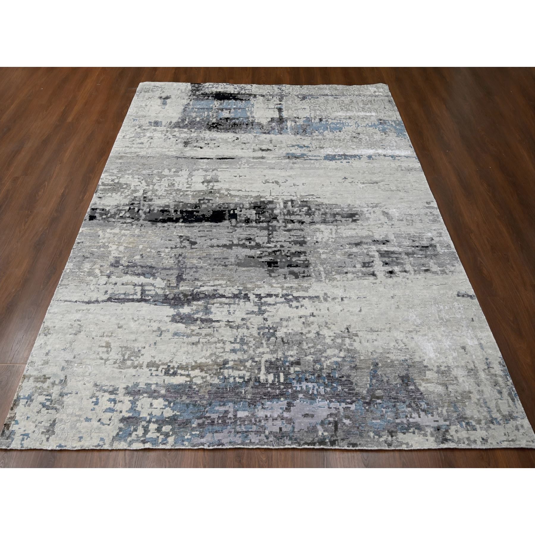 9'x11'10" Shades of Gray, Wool and Silk, Hand Knotted, Modern Abstract Design, Oriental Rug Sh10003