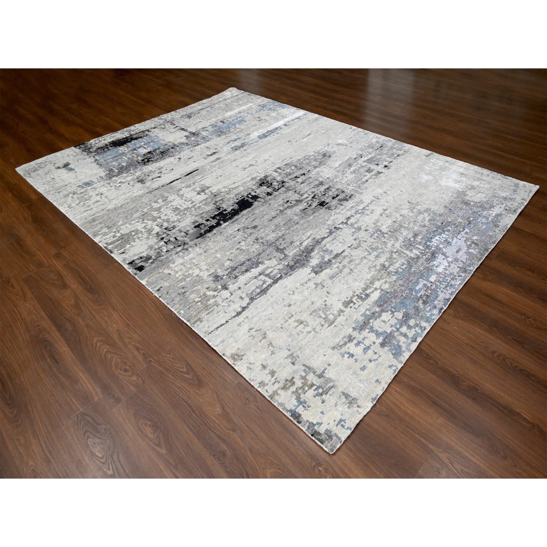 9'x11'10" Shades of Gray, Wool and Silk, Hand Knotted, Modern Abstract Design, Oriental Rug Sh10003