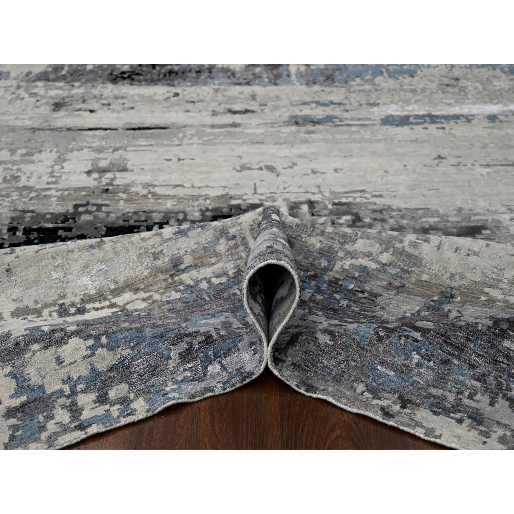 9'x11'10" Shades of Gray, Wool and Silk, Hand Knotted, Modern Abstract Design, Oriental Rug Sh10003