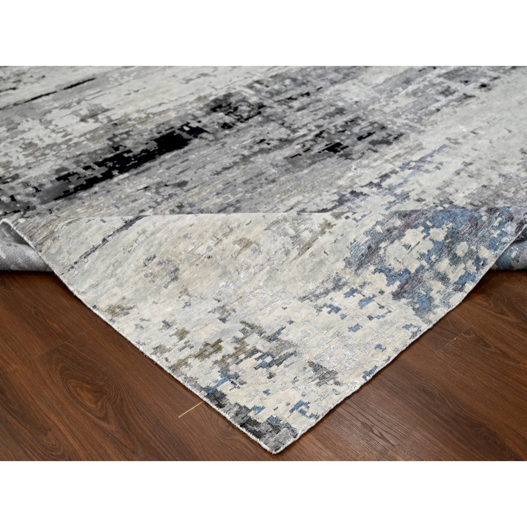 9'x11'10" Shades of Gray, Wool and Silk, Hand Knotted, Modern Abstract Design, Oriental Rug Sh10003