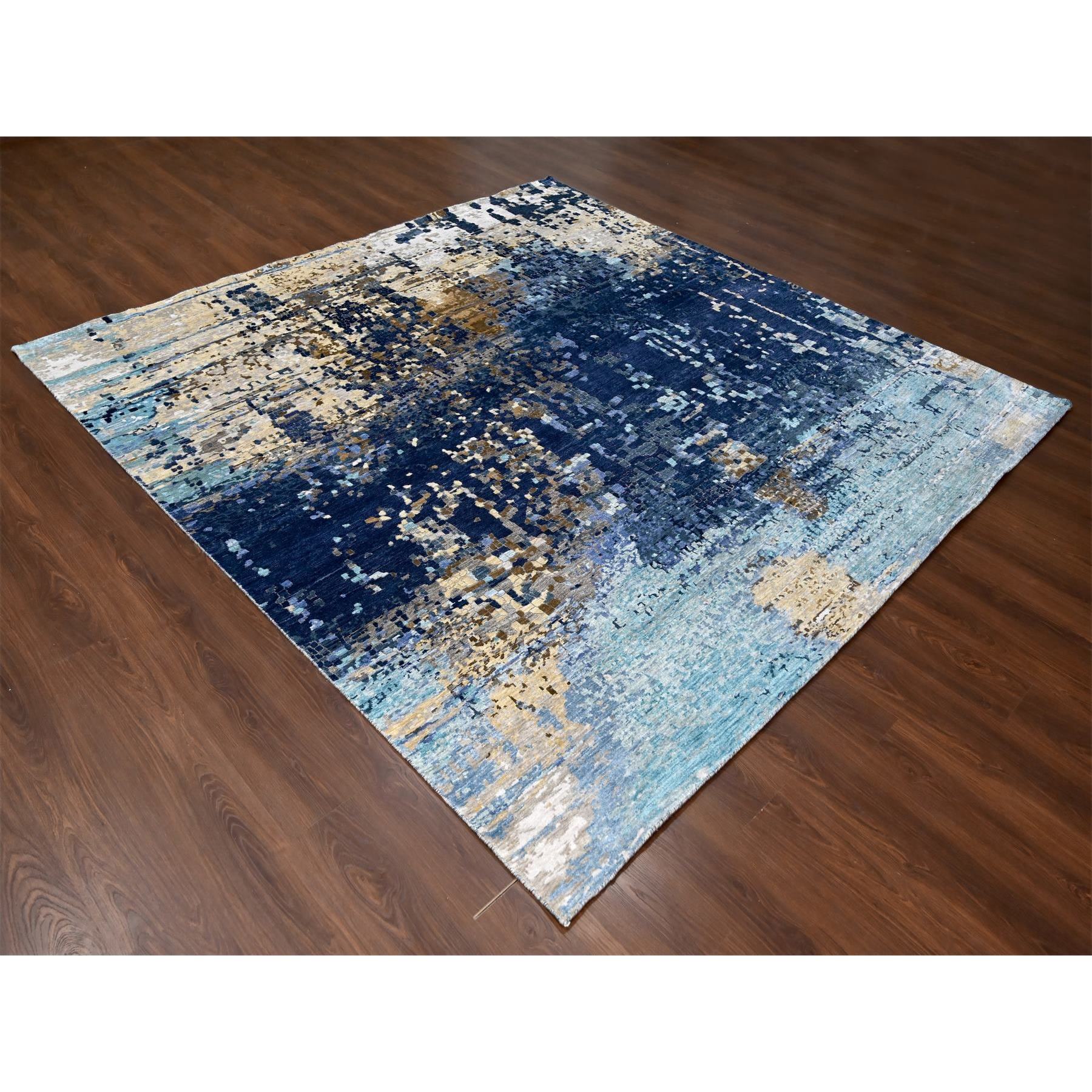9'10"x9'10" Aegean Blue with Beige, Mosaic Design, Wool and Silk, Hand Knotted, Square, Oriental Rug Sh10005