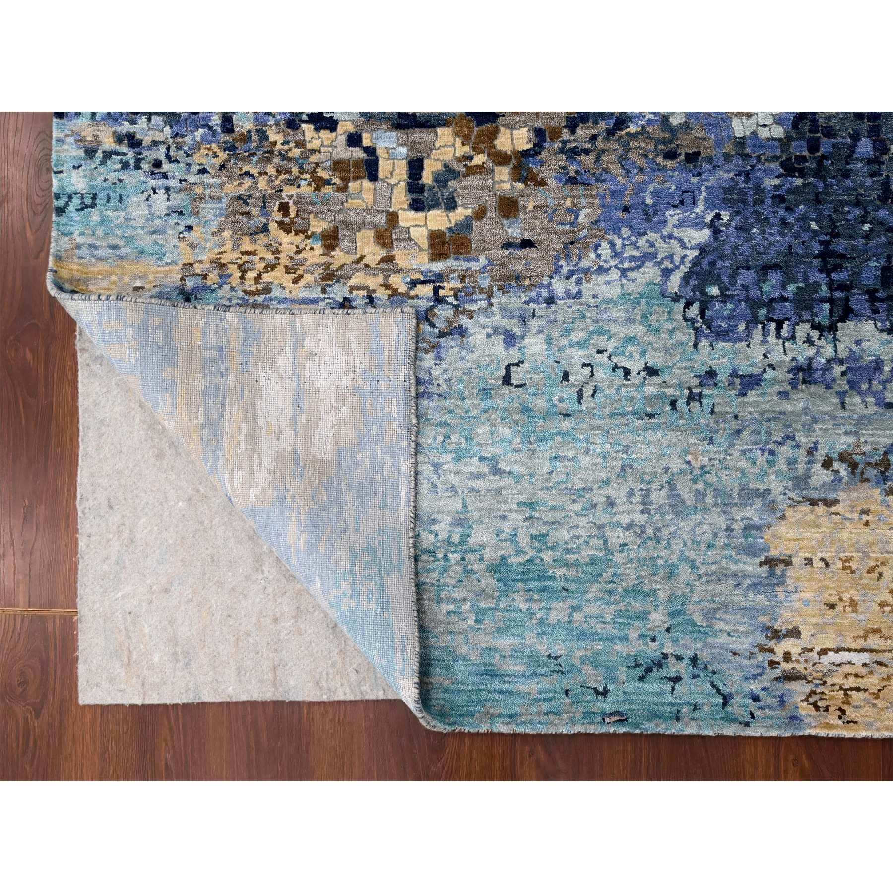 9'10"x9'10" Aegean Blue with Beige, Mosaic Design, Wool and Silk, Hand Knotted, Square, Oriental Rug Sh10005