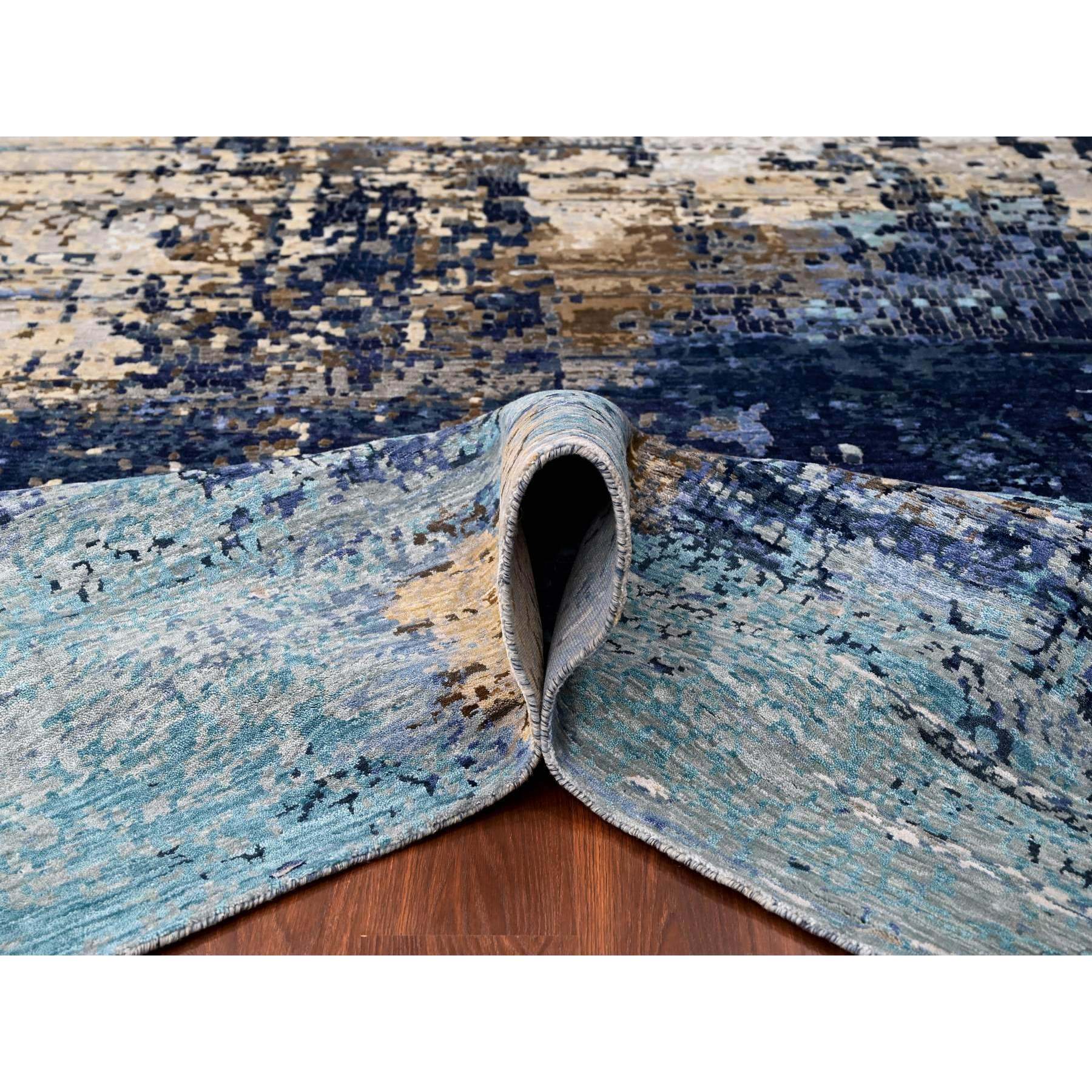 9'10"x9'10" Aegean Blue with Beige, Mosaic Design, Wool and Silk, Hand Knotted, Square, Oriental Rug Sh10005